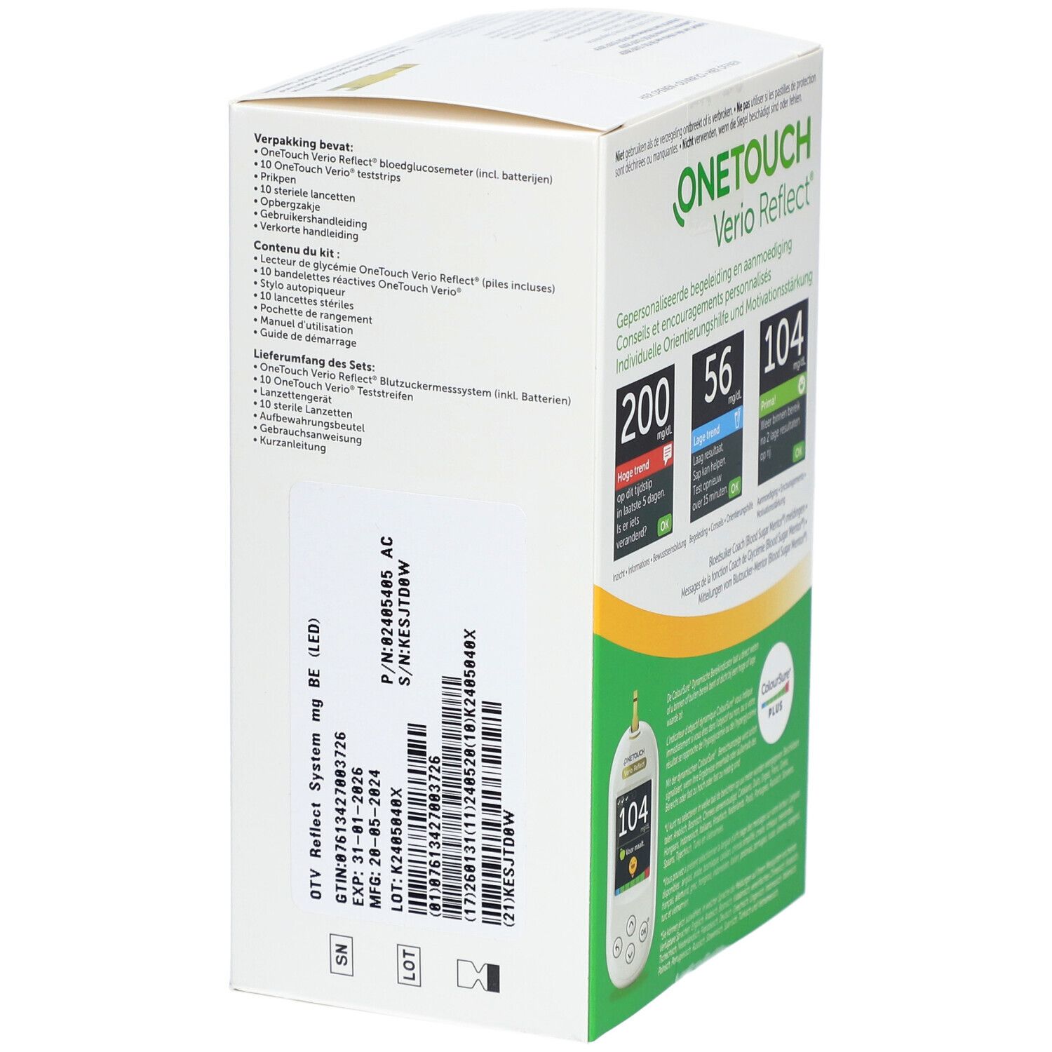 Verpakking OneTouch Verio Reflect. Inhoud: meter, batterijen, instructies. Productinformatie.