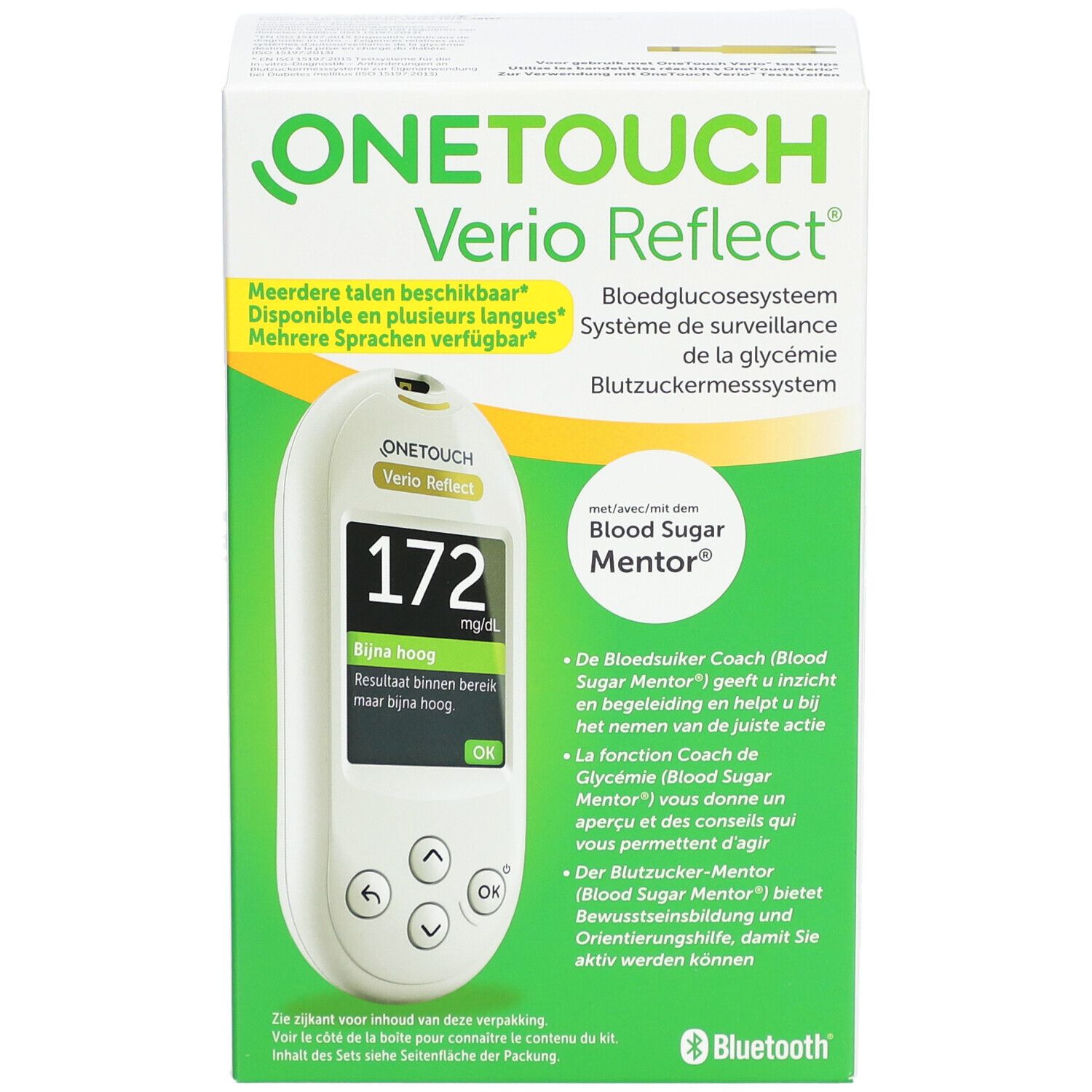Voorkant verpakking OneTouch Verio Reflect. Display: 172 mg/dL. Bluetooth-logo.