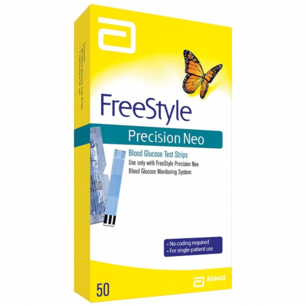 Gele verpakking "FreeStyle Precision Neo". Bevat 50 teststrips. Abbott-logo. Oranje vlinder.