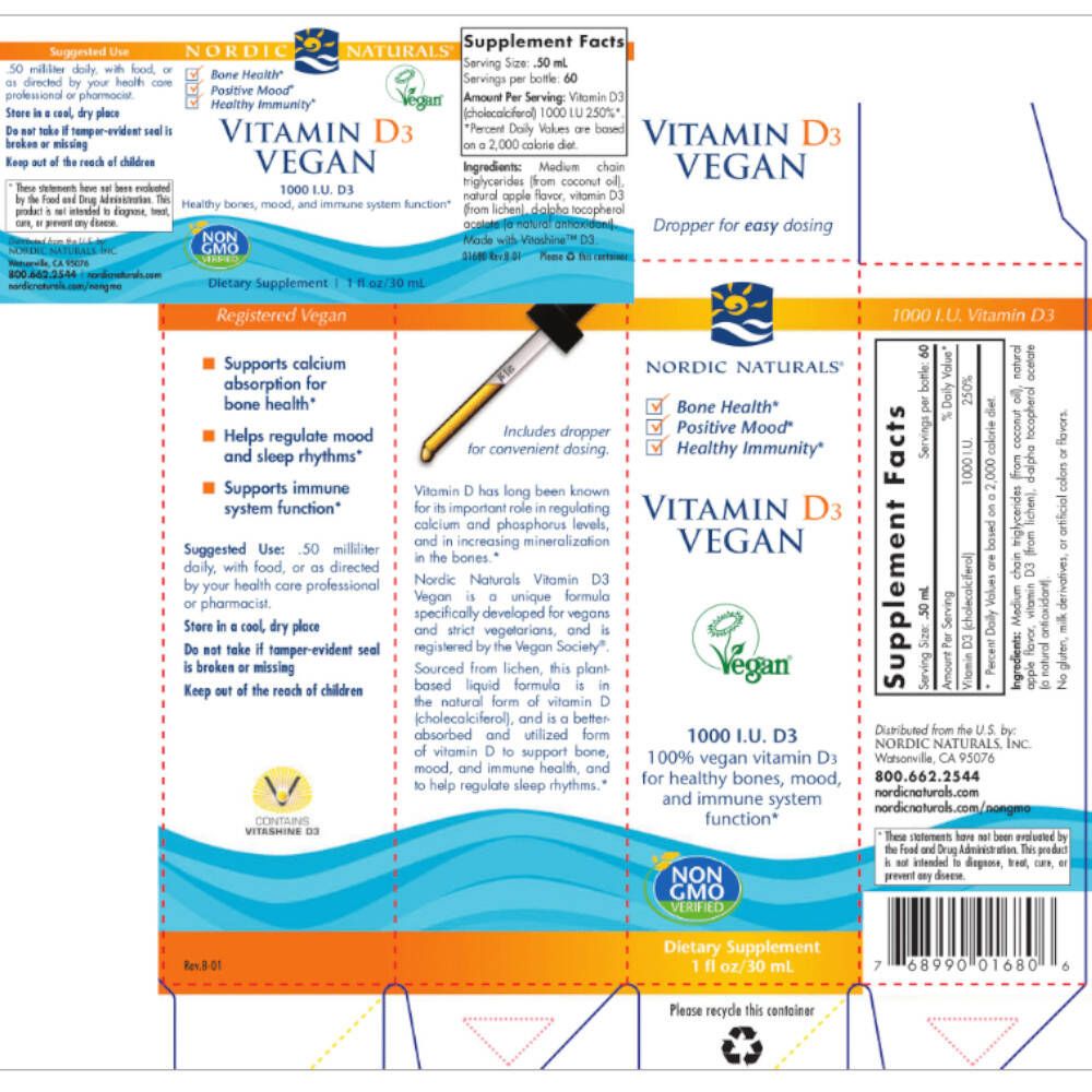 Verpackung mit Text: "Vitamin D3 Vegan", "1000 I.U. D3". Enthält Informationen zu Inhaltsstoffen und Dosierung.