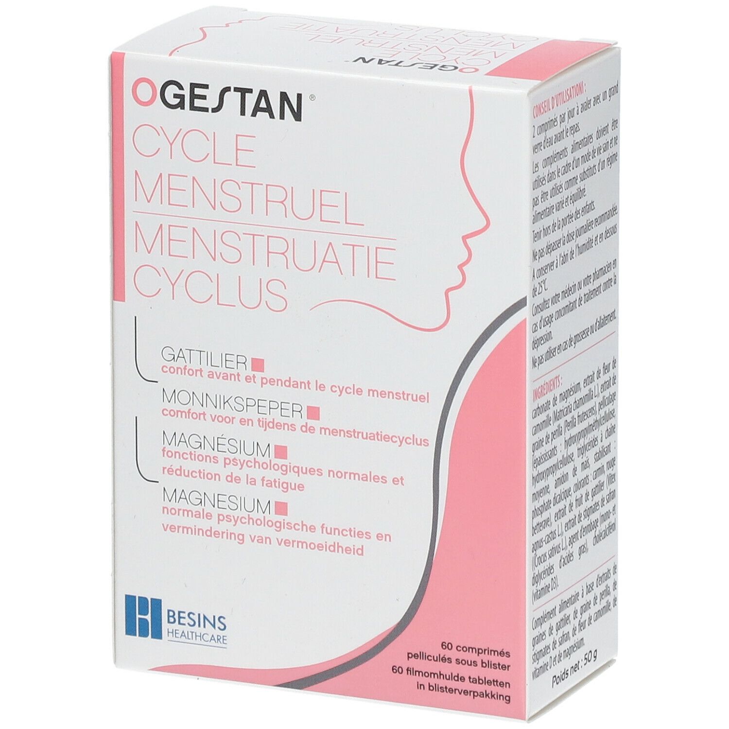 Boîte Ogestan Cycle Menstruel. Blanche et rose, avec nom du produit et informations. 60 comprimés.