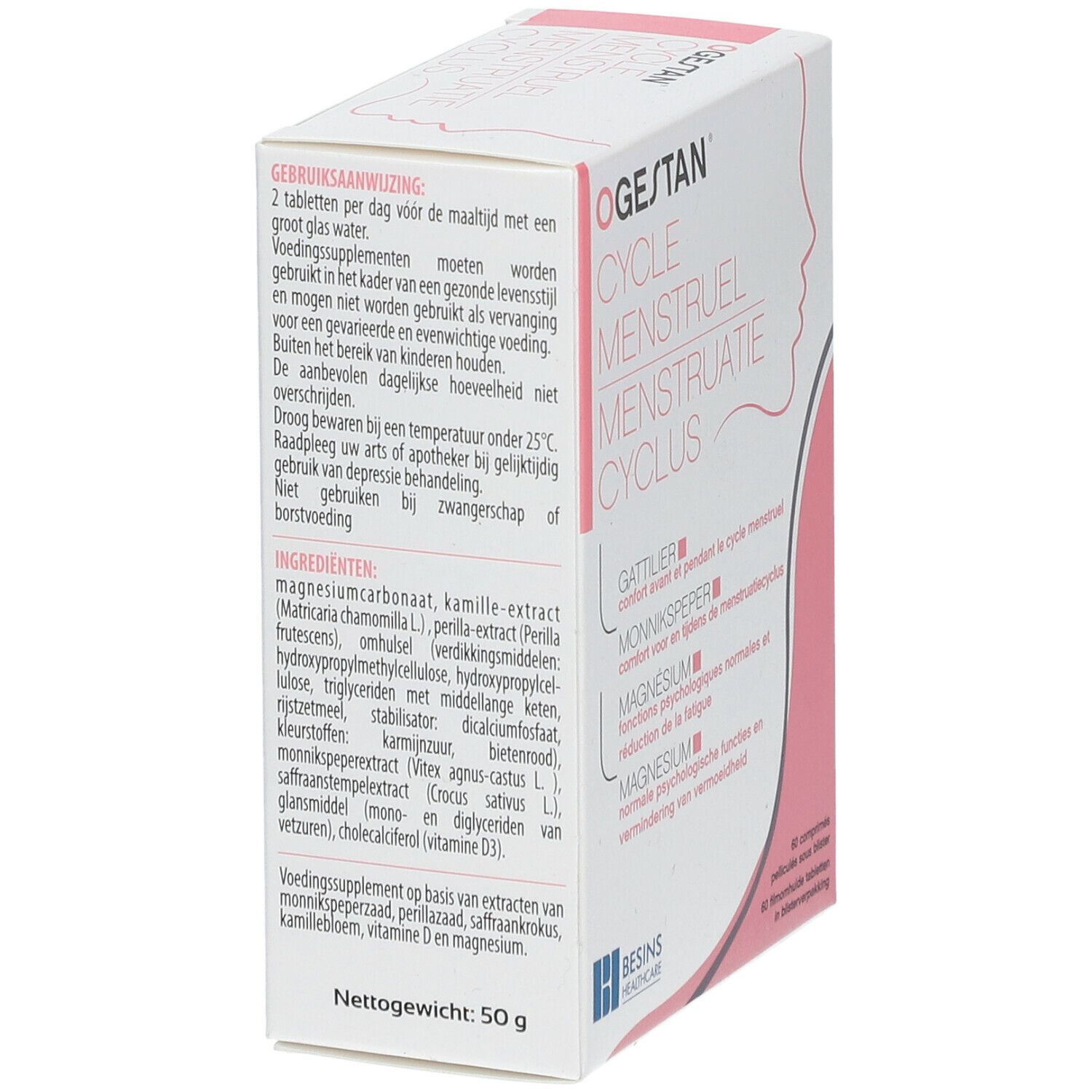 Boîte Ogestan Cycle Menstruel, vue latérale. Ingrédients et mode d'emploi. 50g.