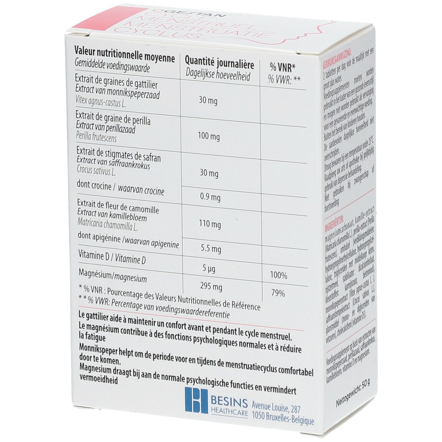 Boîte Ogestan Cycle Menstruel. Dos avec informations nutritionnelles. Contient vitamines et minéraux.