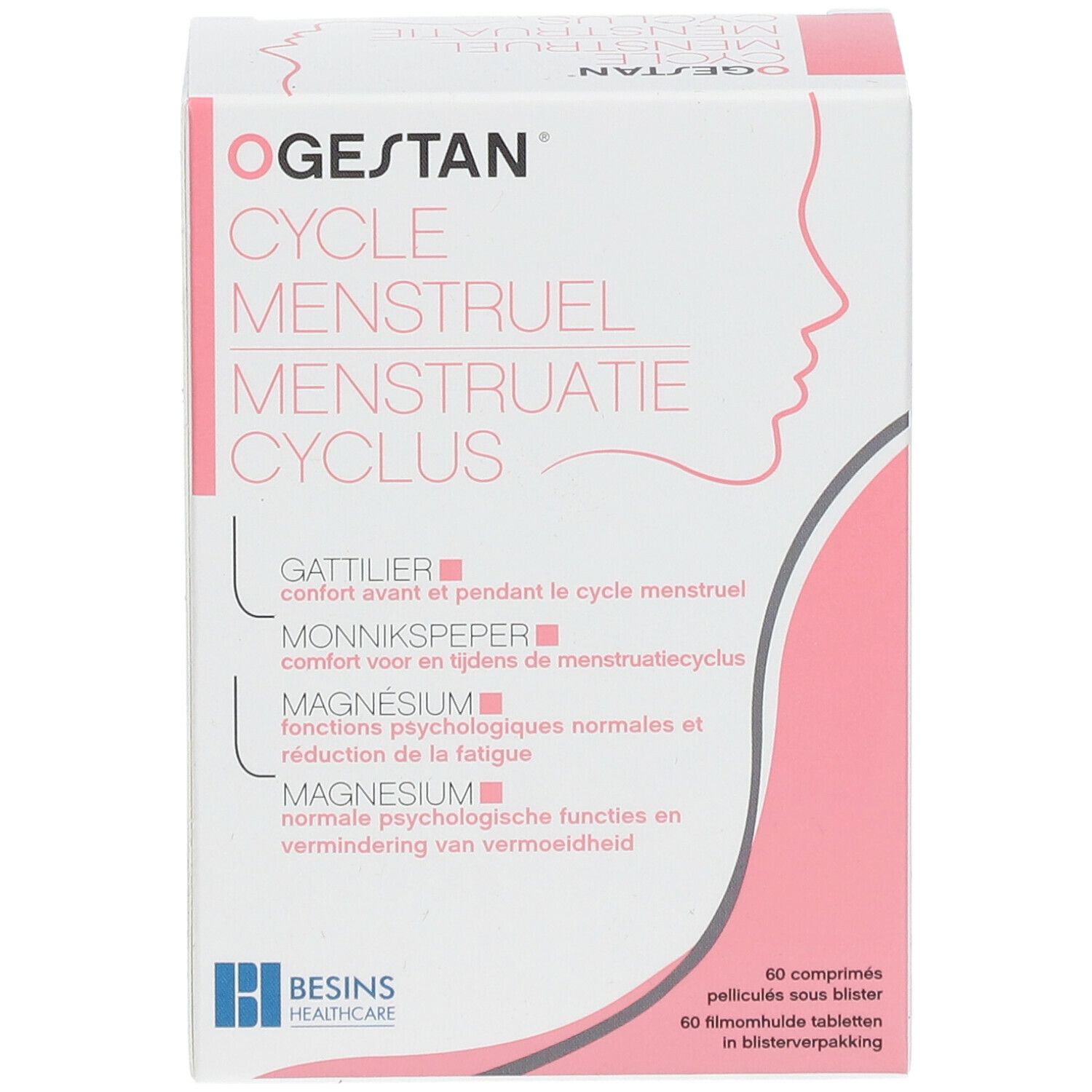 Boîte Ogestan Cycle Menstruel. Vue de face avec nom et informations. 60 comprimés.