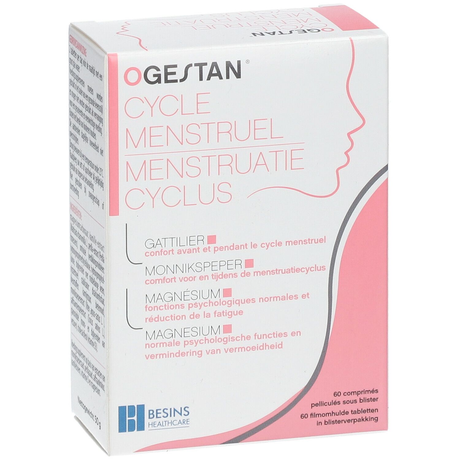 Boîte Ogestan Cycle Menstruel. Vue de face avec nom et informations. 60 comprimés.