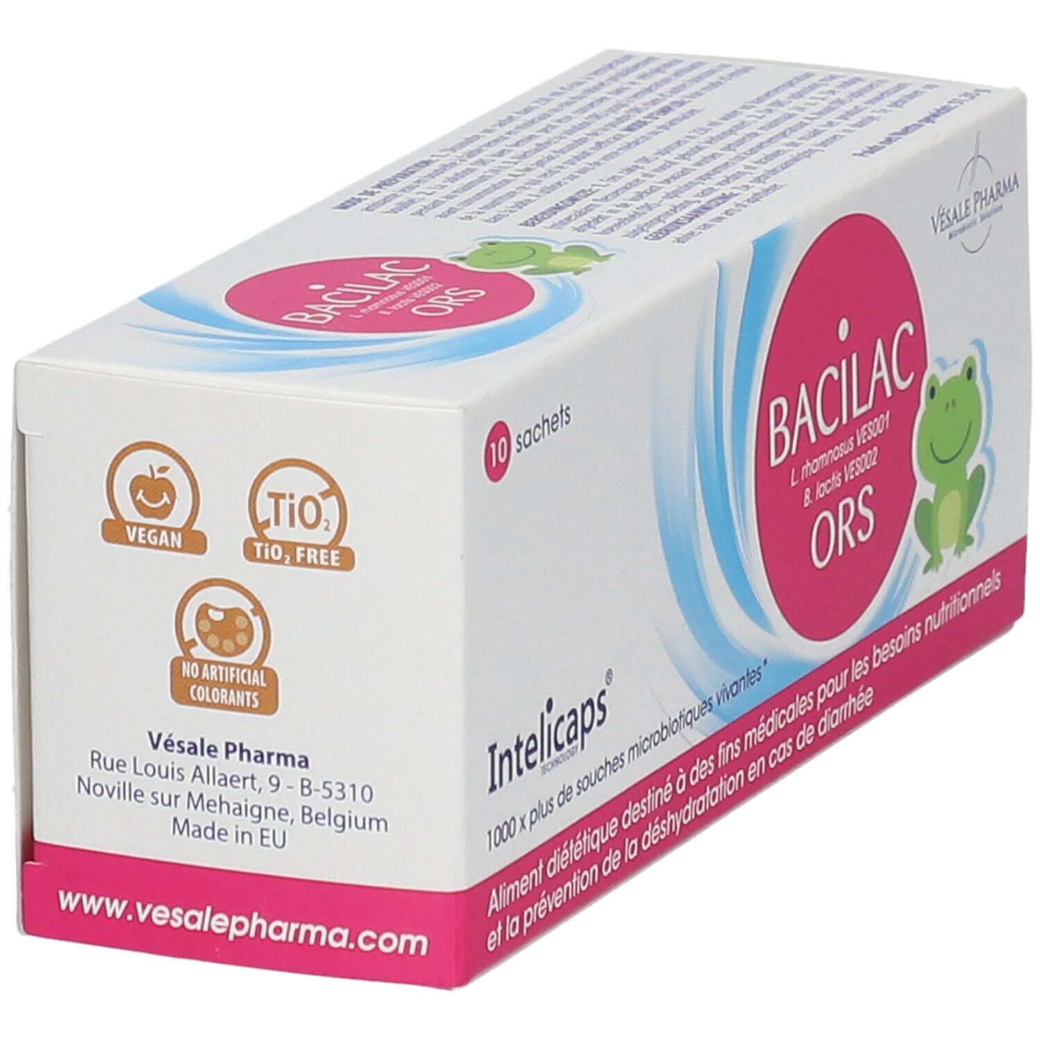 Boîte "Intelicaps Bacilac ORS". Logos: Vegan, TiO2 free. 10 sachets. Cercle rose avec grenouille.