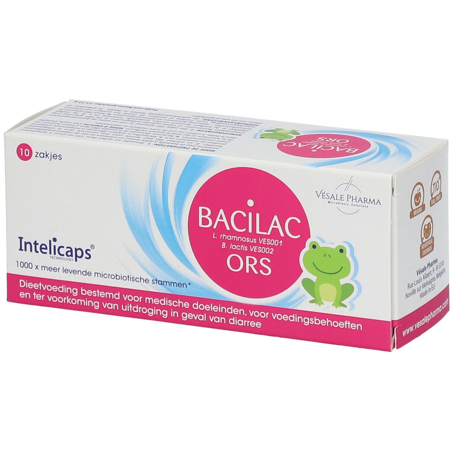 Boîte "Intelicaps Bacilac ORS" avec 10 sachets. Cercle rose avec grenouille. Textes en néerlandais.