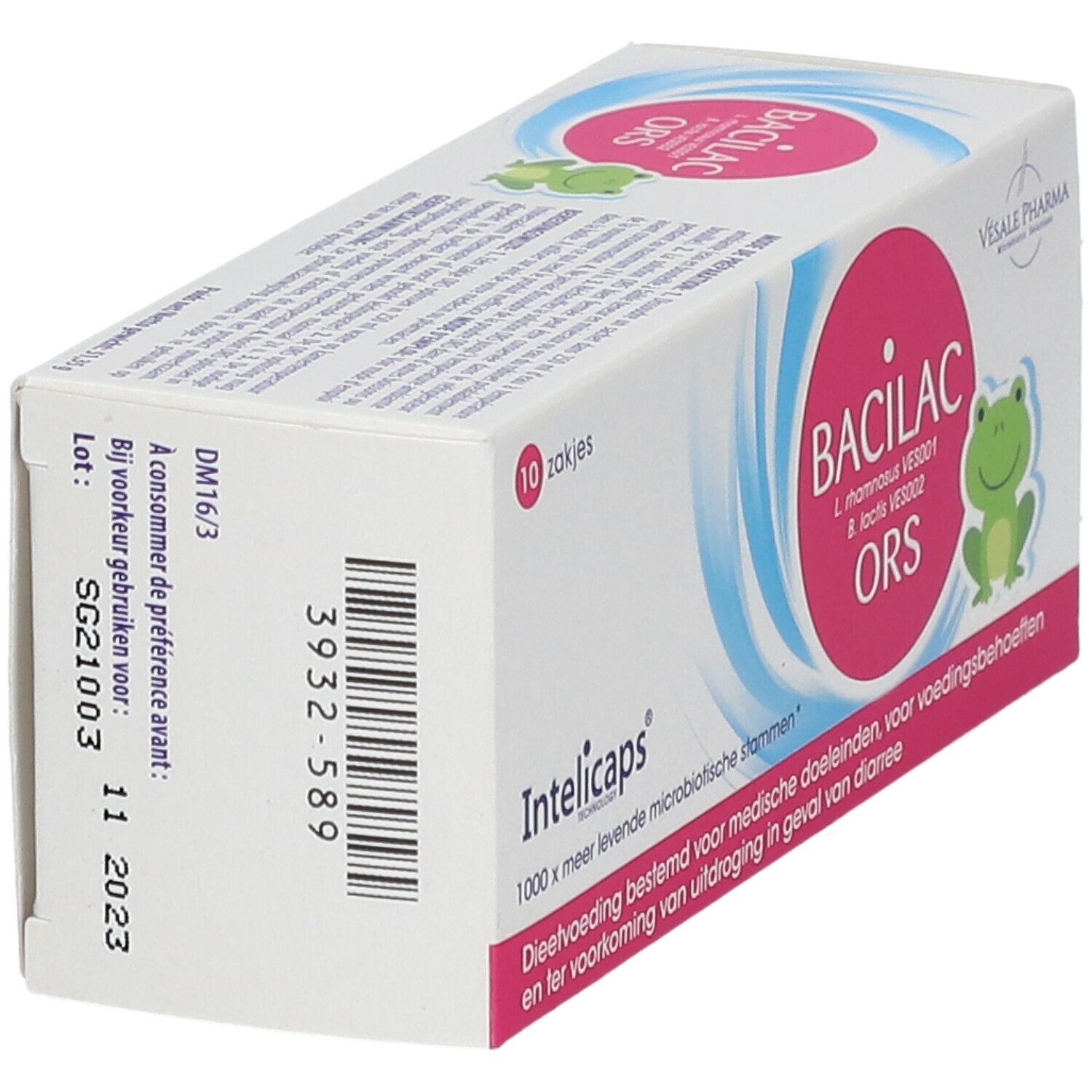 Boîte "Intelicaps Bacilac ORS". Dos avec texte et numéro de lot. 10 sachets.