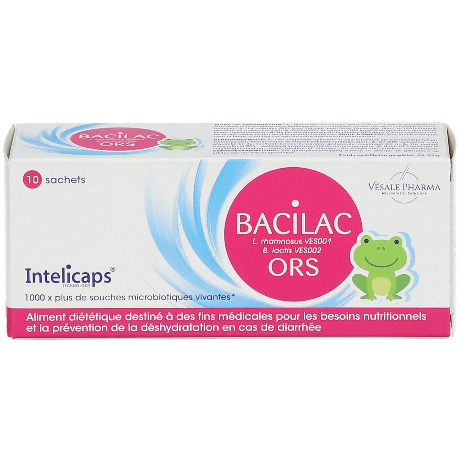 Boîte "Intelicaps Bacilac ORS" avec 10 sachets. Cercle rose avec grenouille. Textes en français.