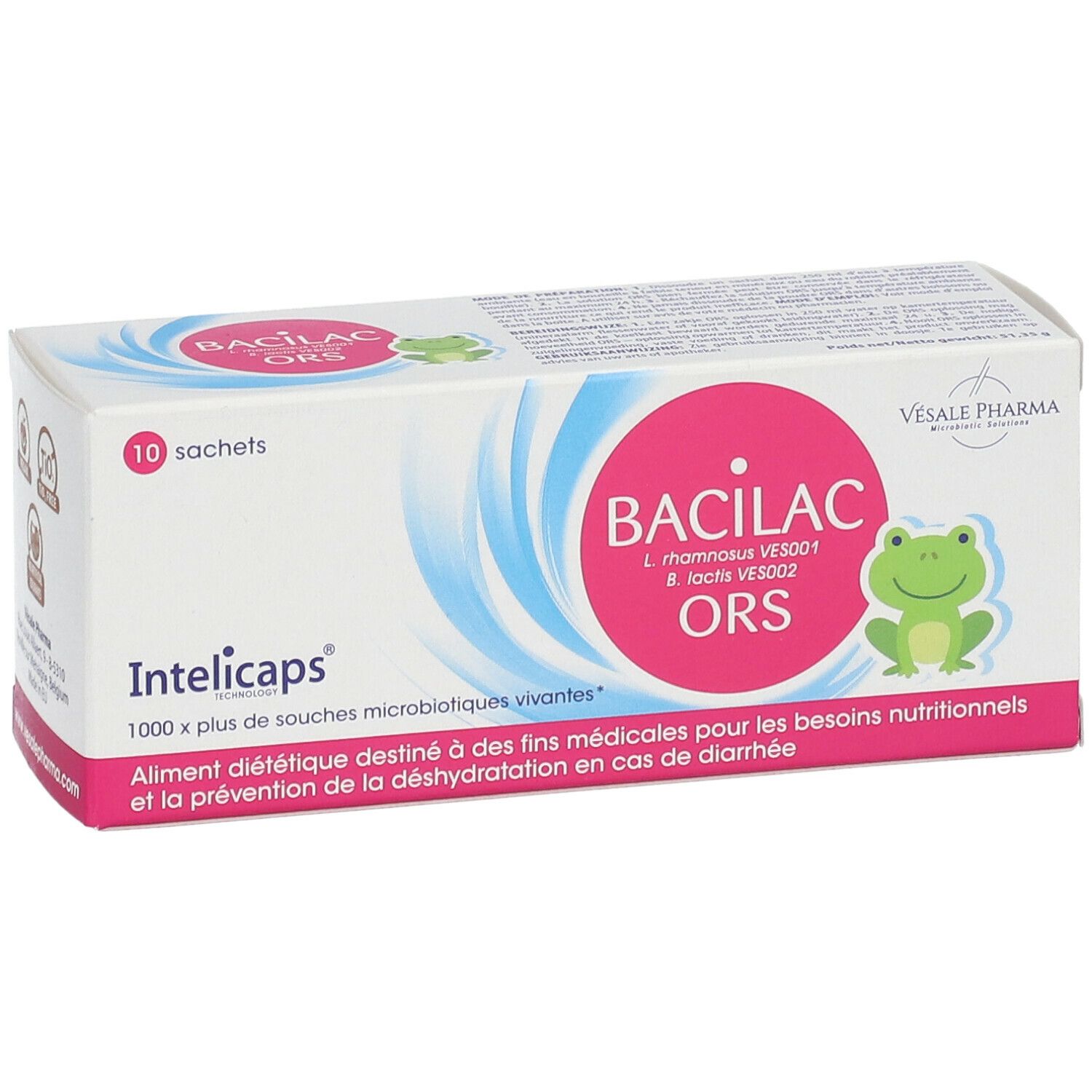 Boîte "Intelicaps Bacilac ORS" avec 10 sachets. Cercle rose avec grenouille. Textes en français.