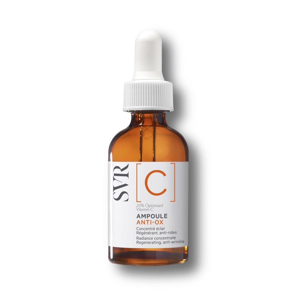 Glazen fles met pipet. Productnaam: Ampoule Anti-Ox.
