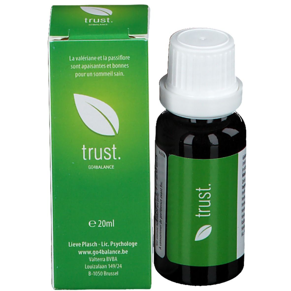 Flacon en verre brun avec bouchon blanc et emballage vert. Texte: trust. et logo.