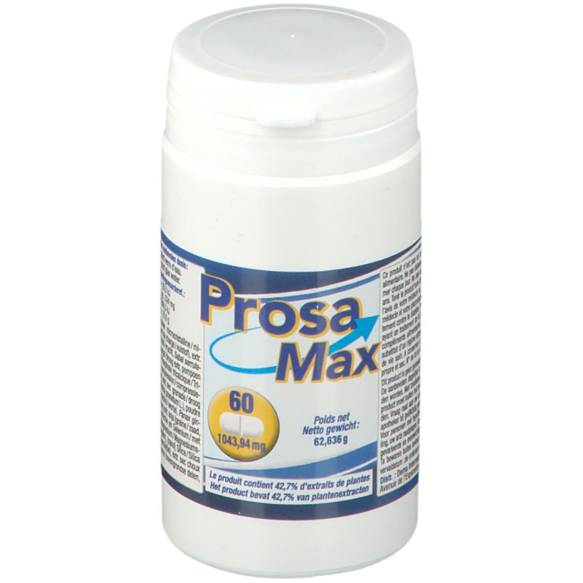 Witte pot met blauw etiket. Opschrift Prosa Max, 60 tabletten. Bevat 42,7% plantenextracten. Nettogewicht: 62,836 g.