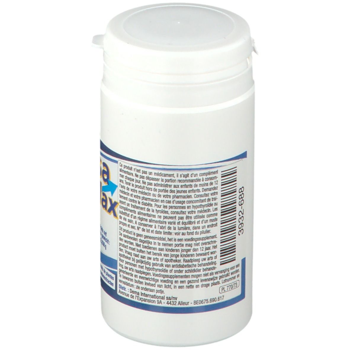 Witte pot, achterkant met tekst en barcode. Opschrift Prosa Max. Bevat informatie over het product en de fabrikant.