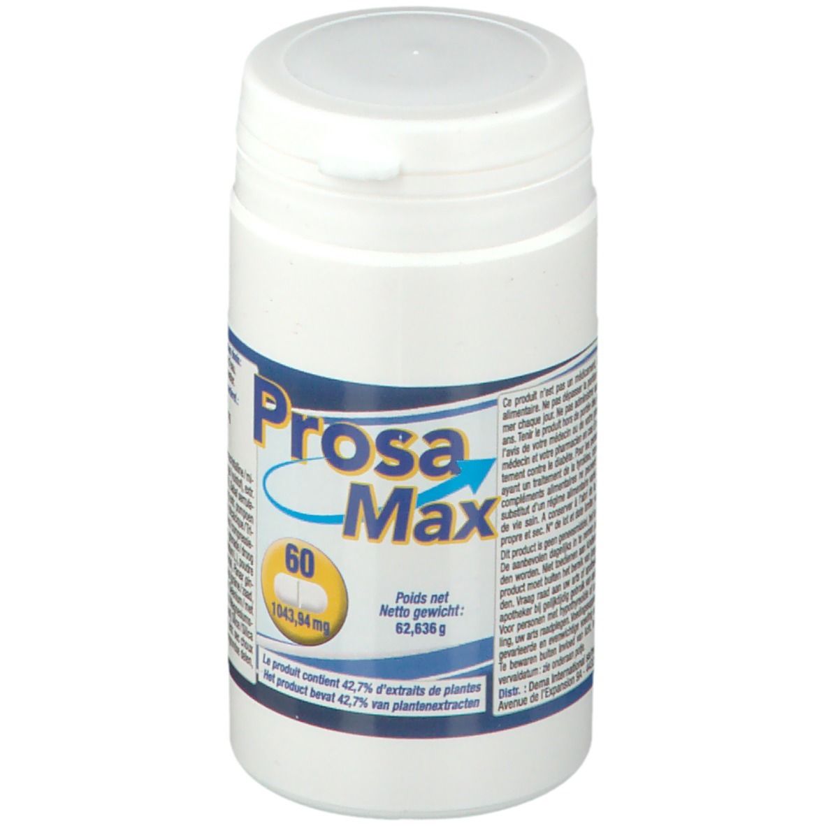 Witte pot met blauw etiket. Opschrift Prosa Max, 60 tabletten. Bevat 42,7% plantenextracten. Nettogewicht: 62,836 g.