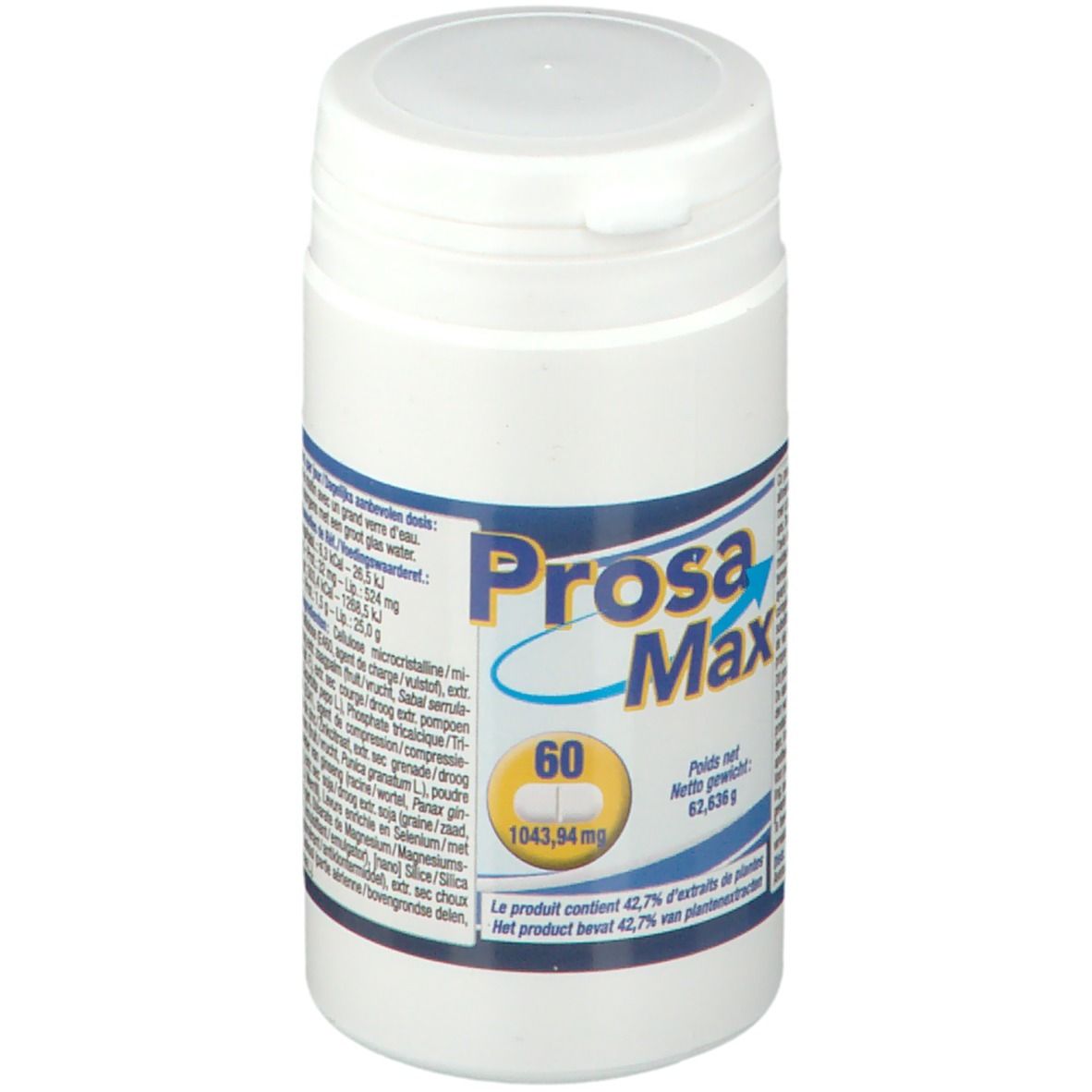 Witte pot met blauw etiket. Opschrift Prosa Max, 60 tabletten. Bevat 42,7% plantenextracten. Nettogewicht: 62,836 g.