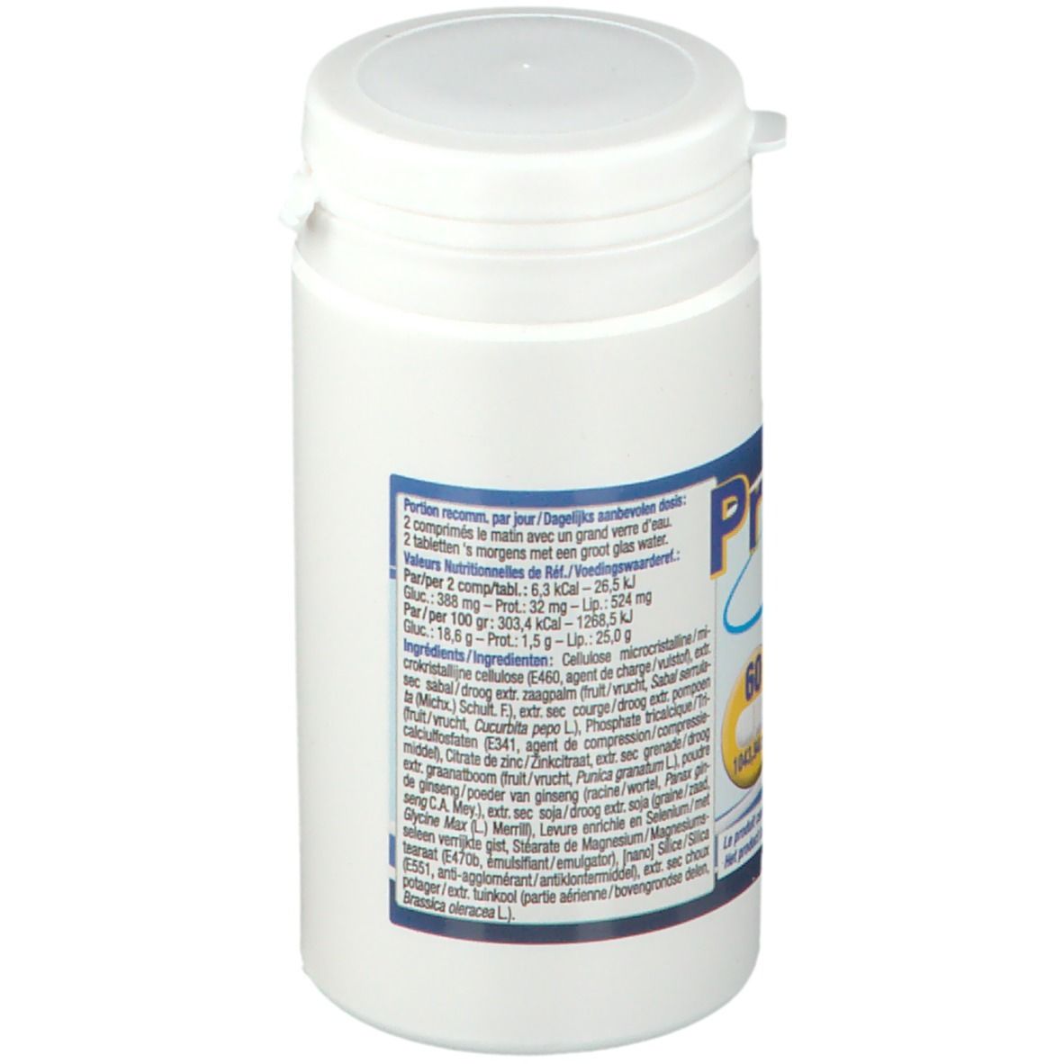 Witte pot, achterkant met tekst. Opschrift Prosa Max, 60 tabletten. Bevat informatie over ingrediënten en voedingswaarden.