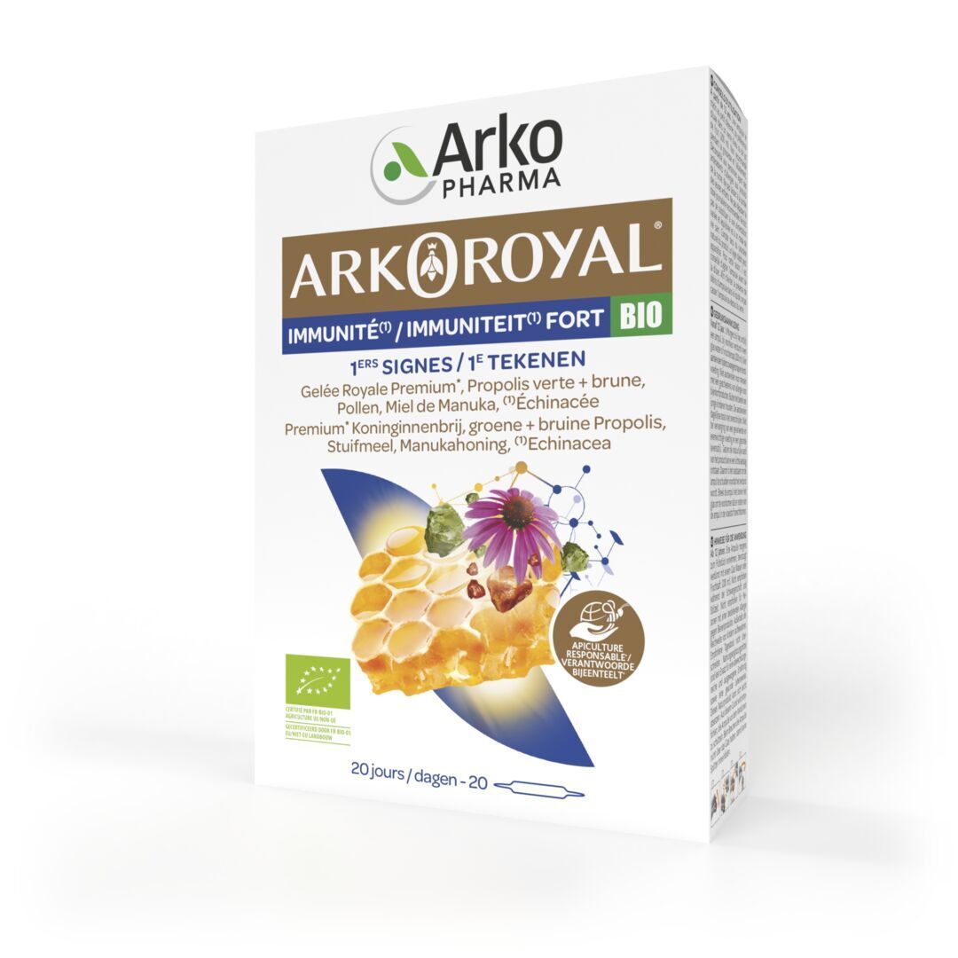 Boîte Arkoroyal Immunité Forte Bio. 20 ampoules. Ingrédients : Gelée Royale, Propolis, Pollen, Miel de Manuka.