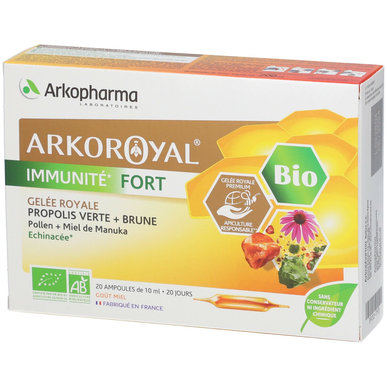 Boîte Arkoroyal Immunité Forte Bio. Contient 20 ampoules. Ingrédients : Gelée Royale, Propolis, Pollen, Miel de Manuka.