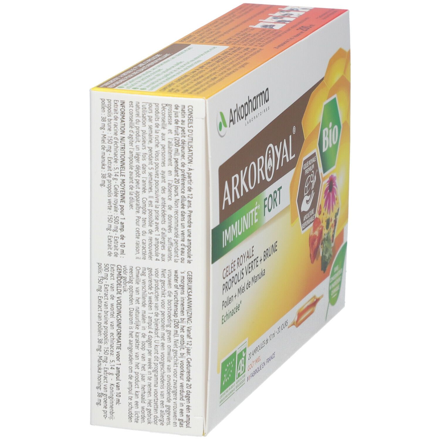 Vue en biais de la boîte Arkoroyal Immunité Forte Bio. Contient 20 ampoules. Ingrédients visibles.