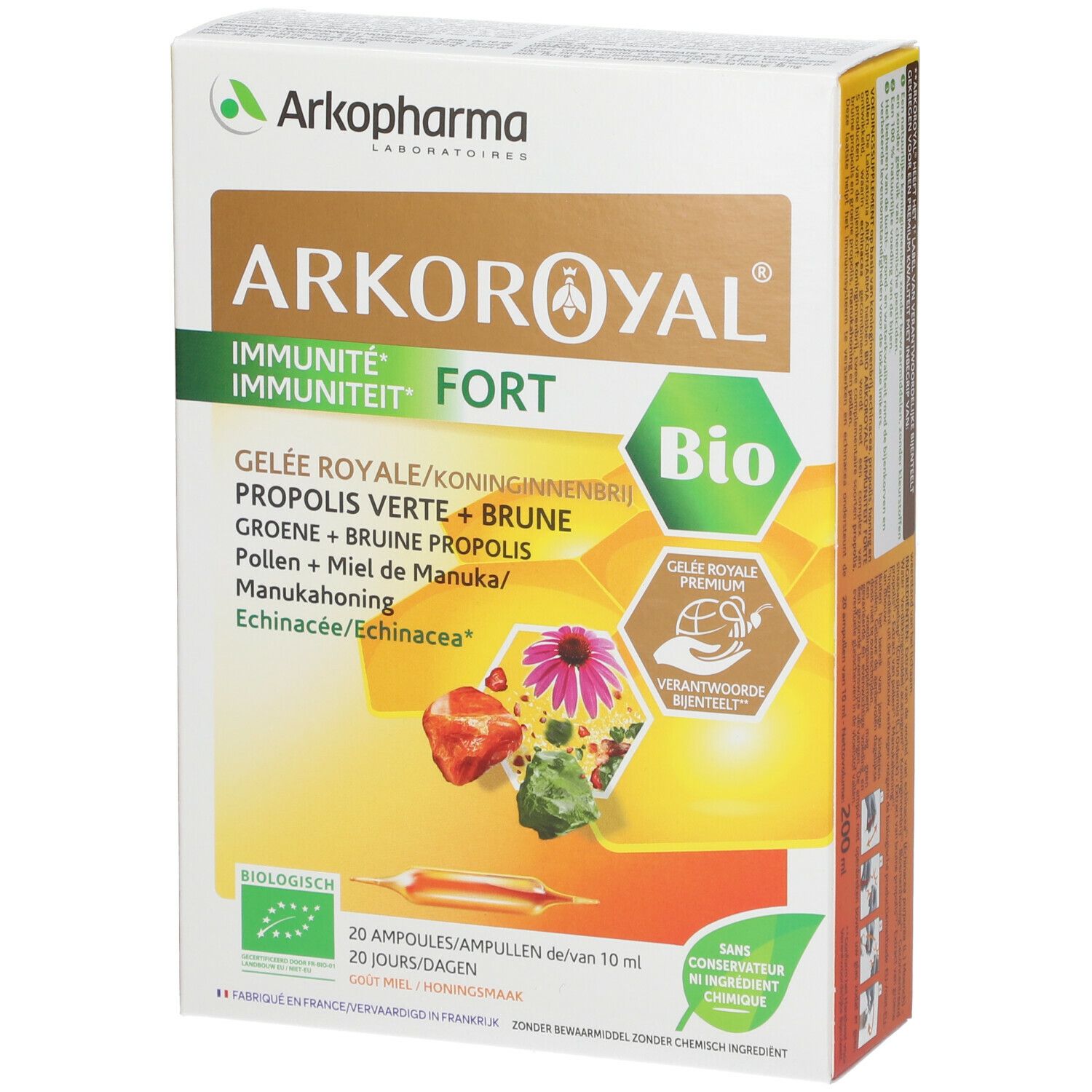 Boîte Arkoroyal Immunité Forte Bio. 20 ampoules. Ingrédients : Gelée Royale, Propolis, Pollen, Miel de Manuka.