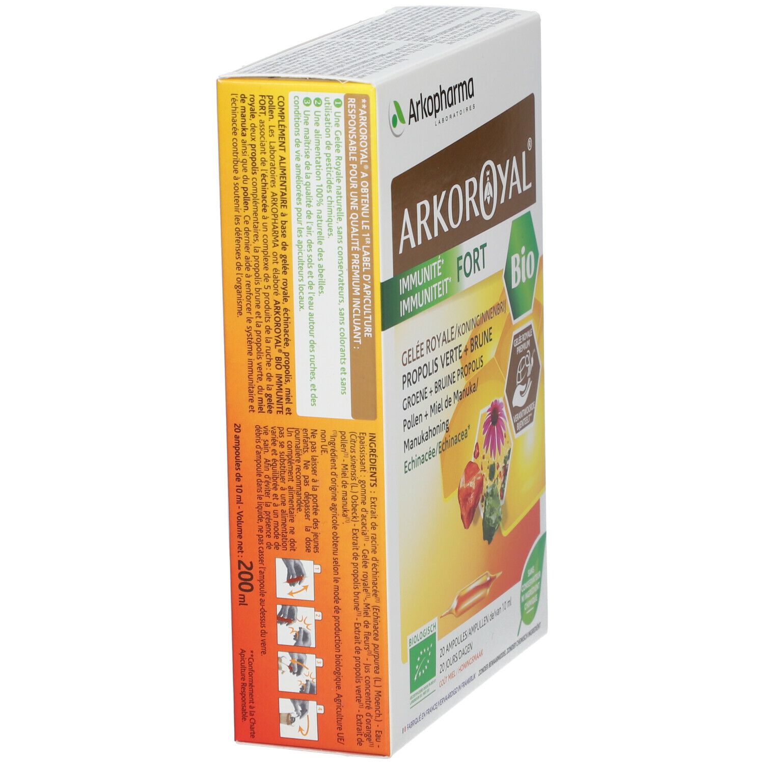 Vue en biais de la boîte Arkoroyal Immunité Forte Bio. Contient 20 ampoules. Ingrédients visibles.