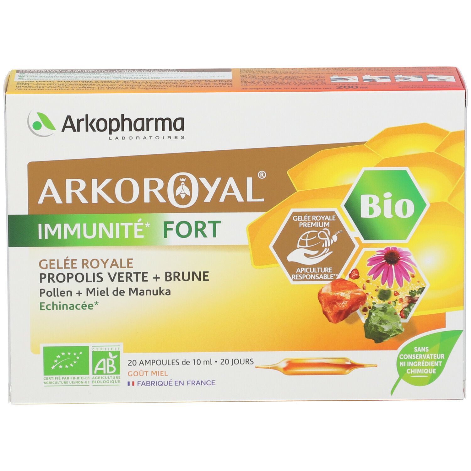 Boîte Arkoroyal Immunité Forte Bio. 20 ampoules. Ingrédients : Gelée Royale, Propolis, Pollen, Miel de Manuka.
