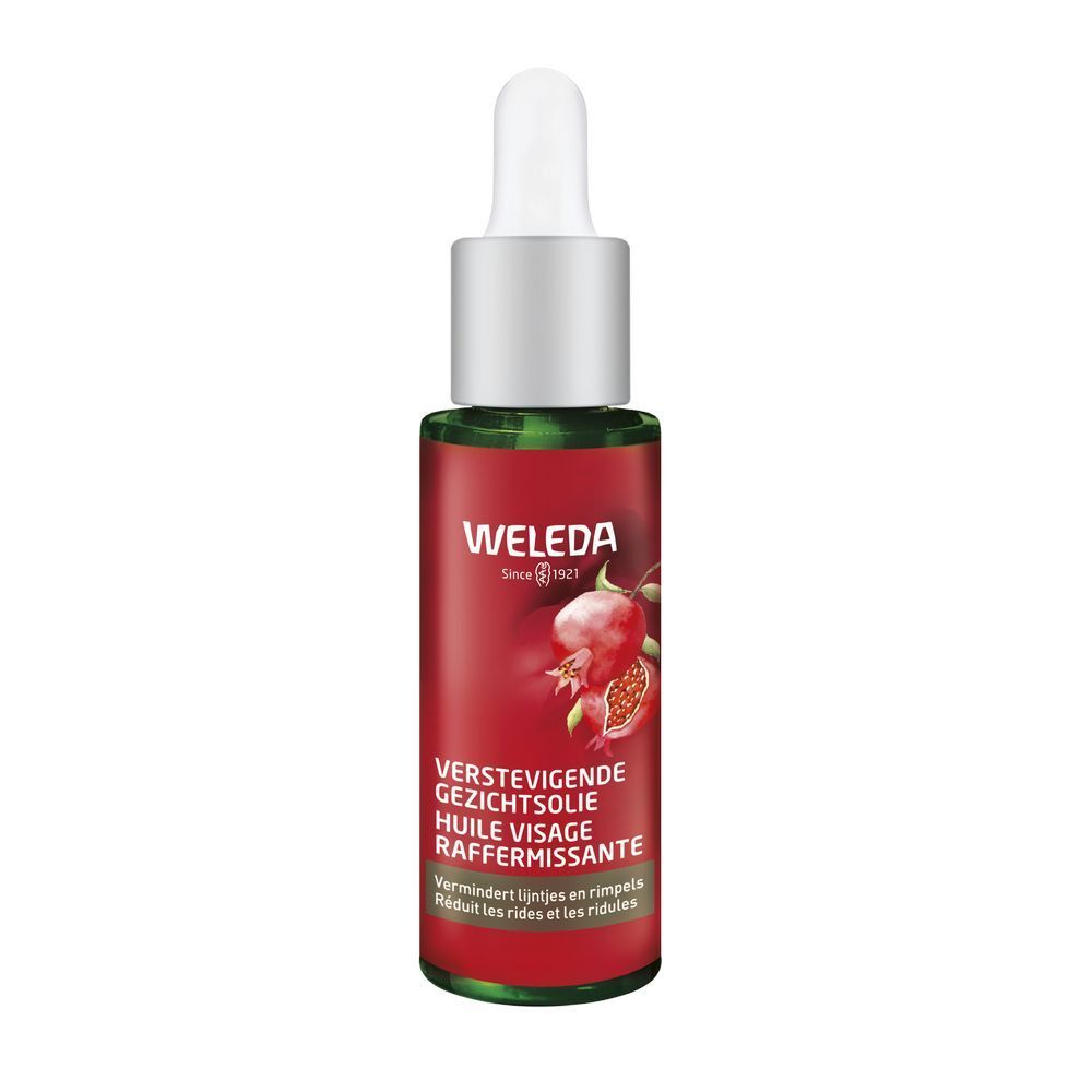 Flacon d'huile pour le visage avec pipette. Flacon rouge avec logo WELEDA et illustration de grenade. Texte : Huile visage raffermissante.