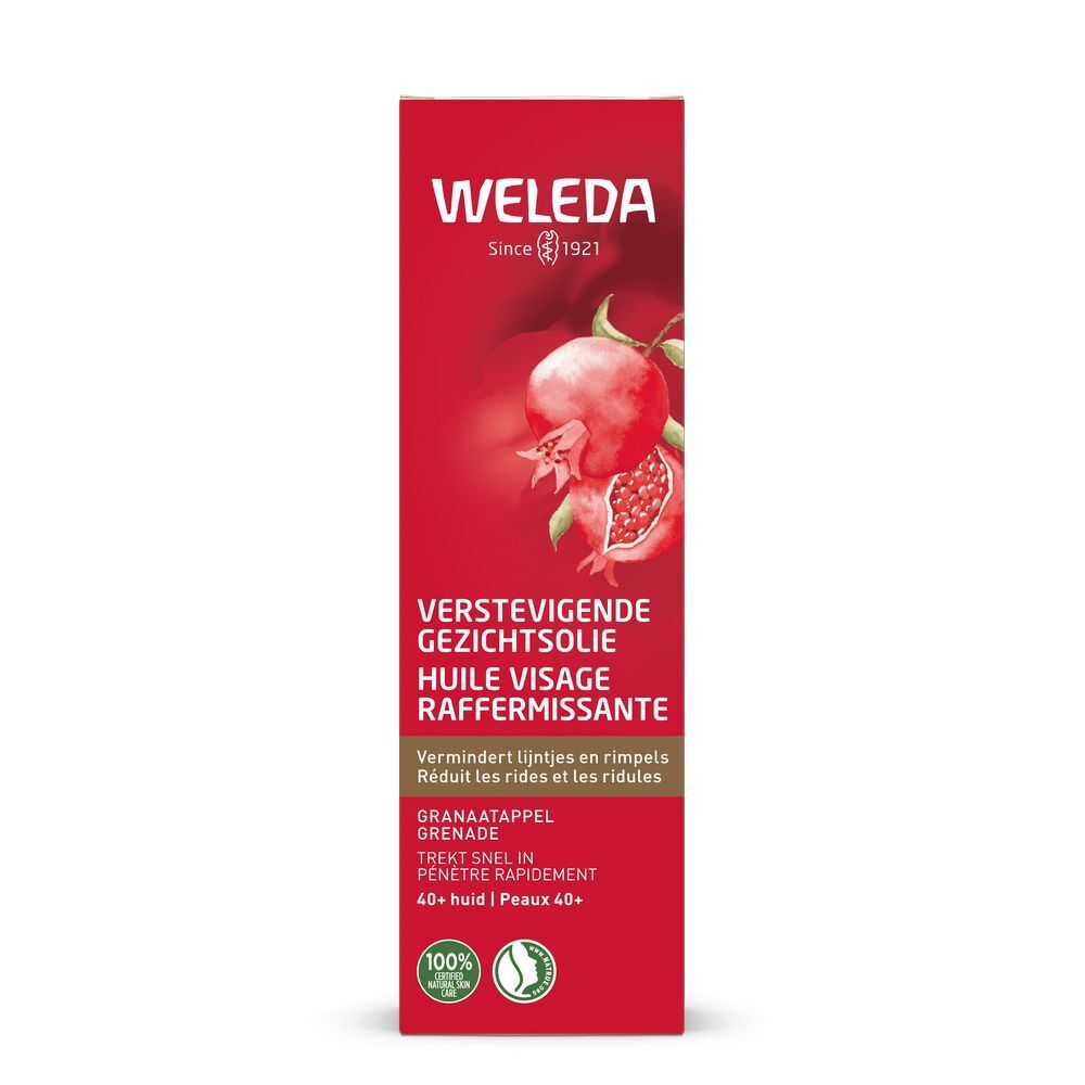 Emballage rouge avec logo WELEDA et illustration de grenade. Texte : Huile visage raffermissante. Contient du texte en allemand, français et néerlandais.