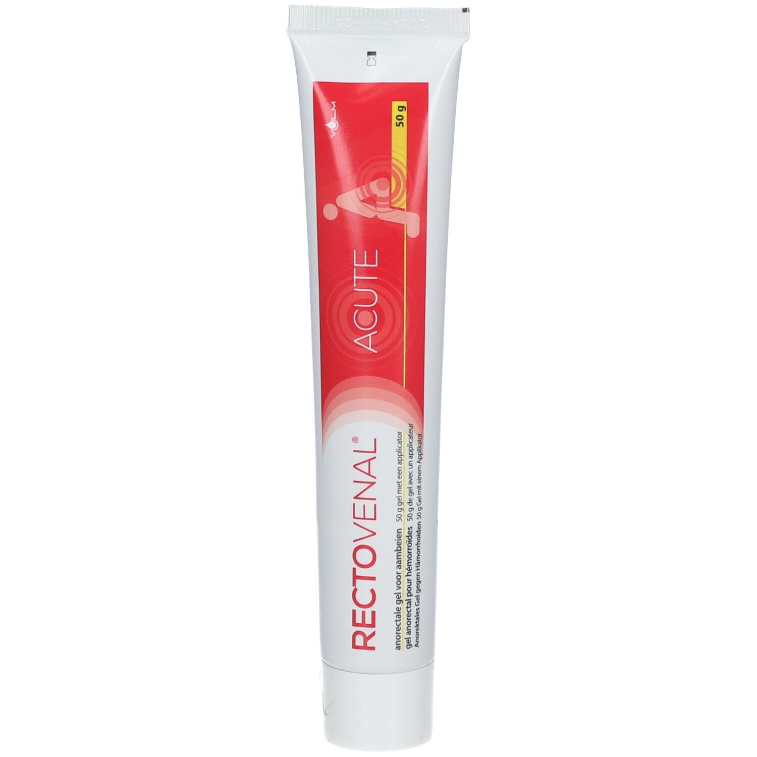 Tube avec texte rouge et blanc. Inscription: RECTOVENAL, ACUTE. Gel pour zone anale. 50g.