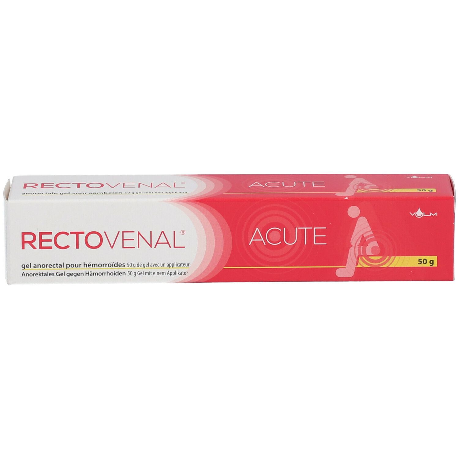 Boîte rectangulaire avec texte rouge et blanc. Inscription: RECTOVENAL, ACUTE. Gel pour hémorroïdes. 50g.