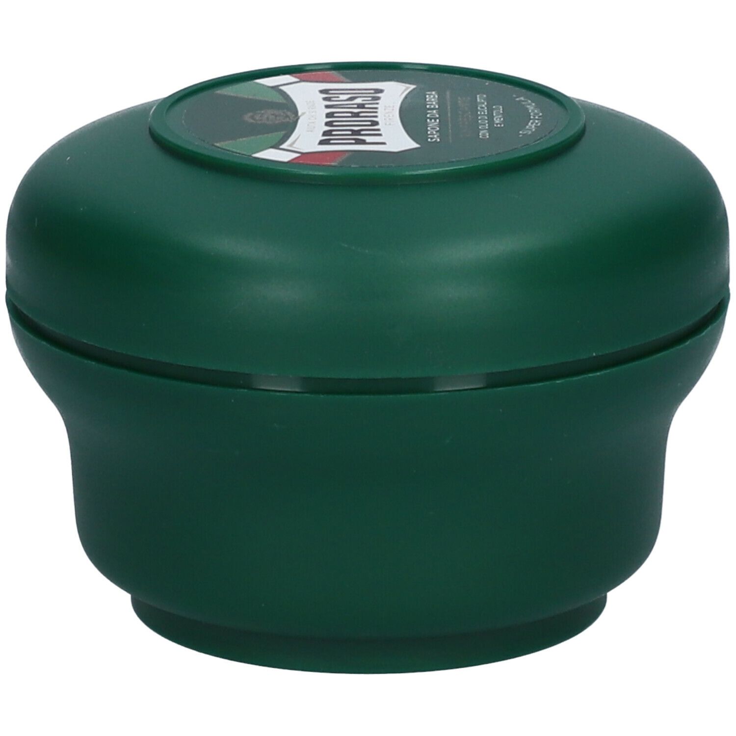 Savon à raser vert dans un récipient rond. Couvercle avec logo et texte PRORASO. Couleurs du drapeau italien.
