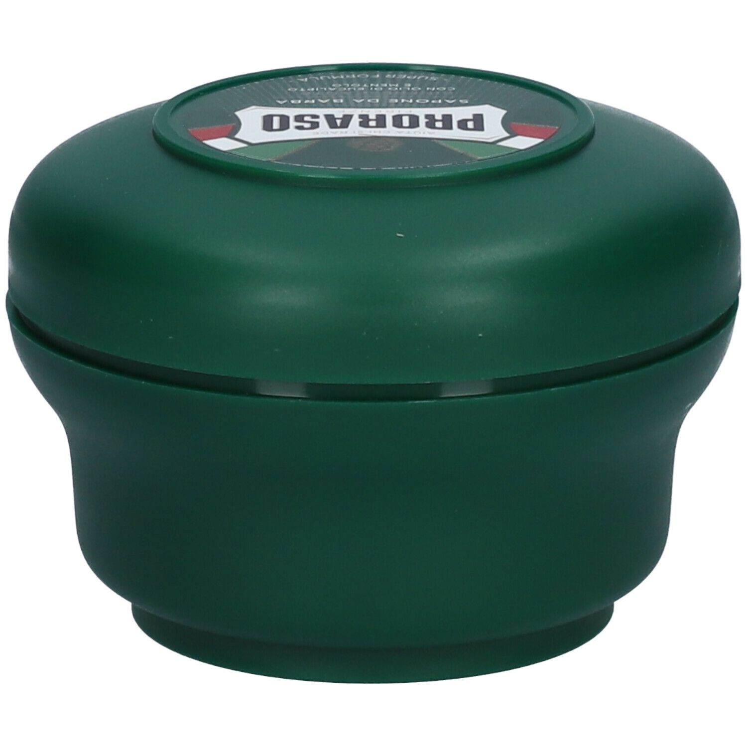 Savon à raser vert dans un récipient rond. Couvercle avec logo et texte PRORASO. Couleurs du drapeau italien.