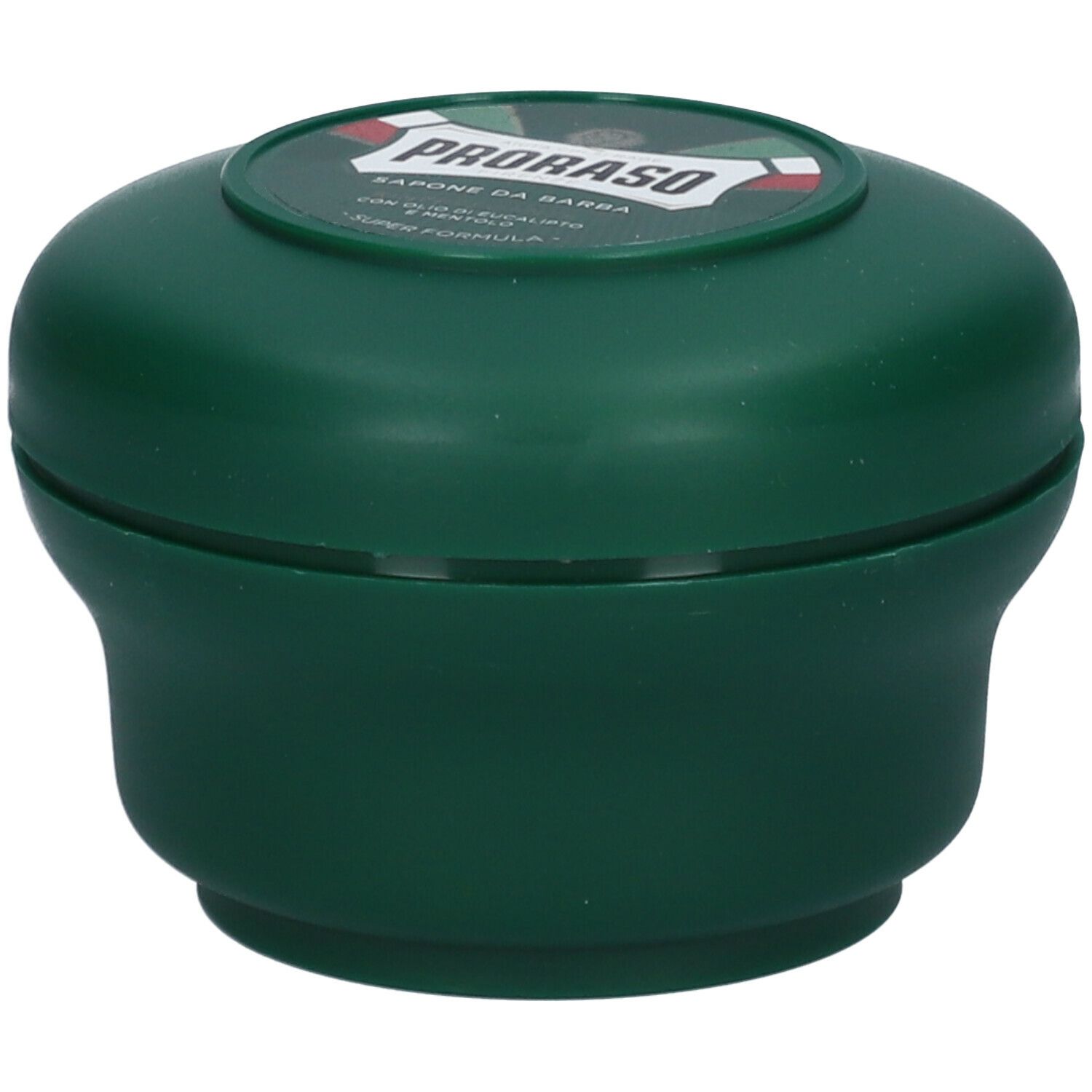 Savon à raser vert dans un récipient rond. Couvercle avec logo et texte PRORASO. Couleurs du drapeau italien.