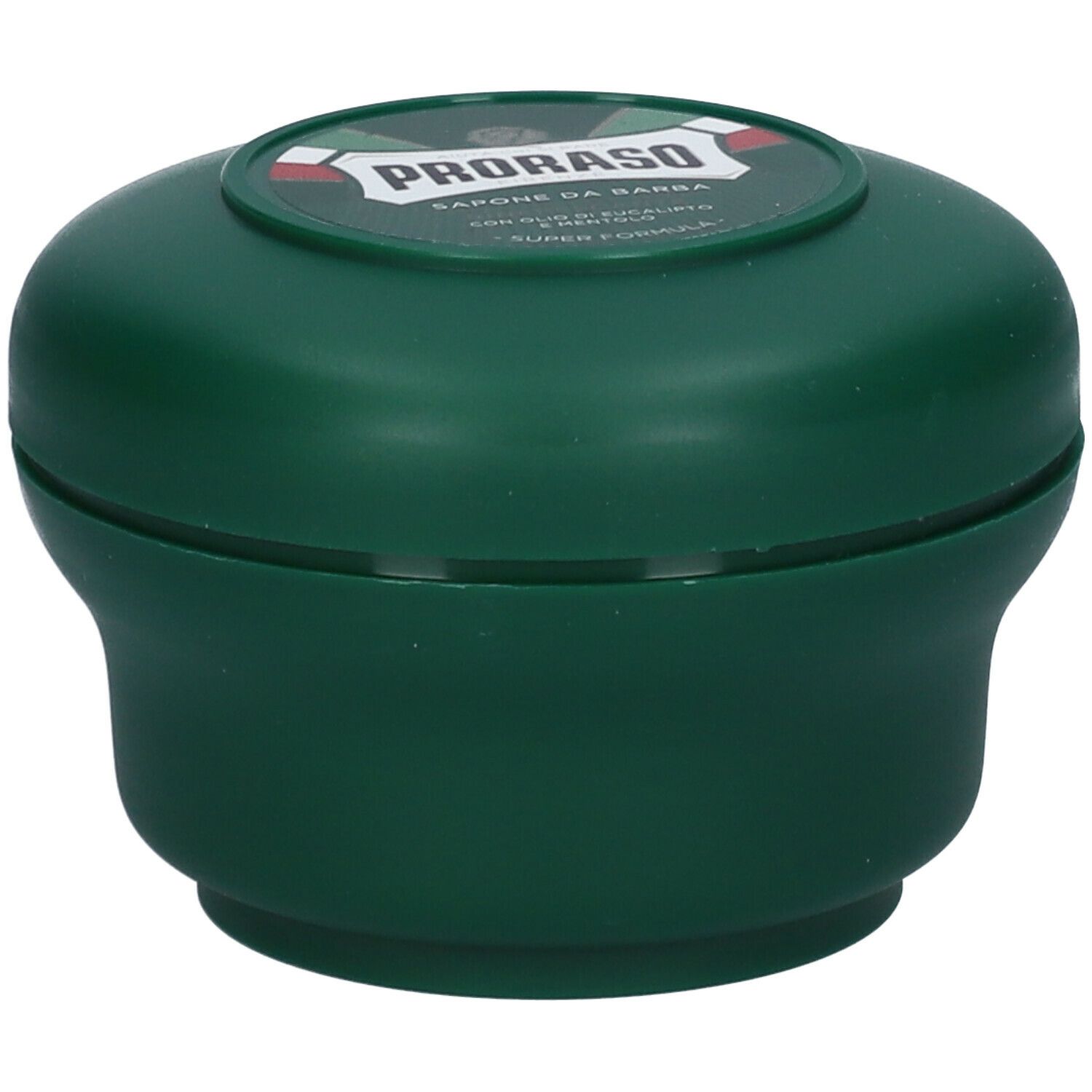 Savon à raser vert dans un récipient rond. Couvercle avec logo et texte PRORASO. Couleurs du drapeau italien.