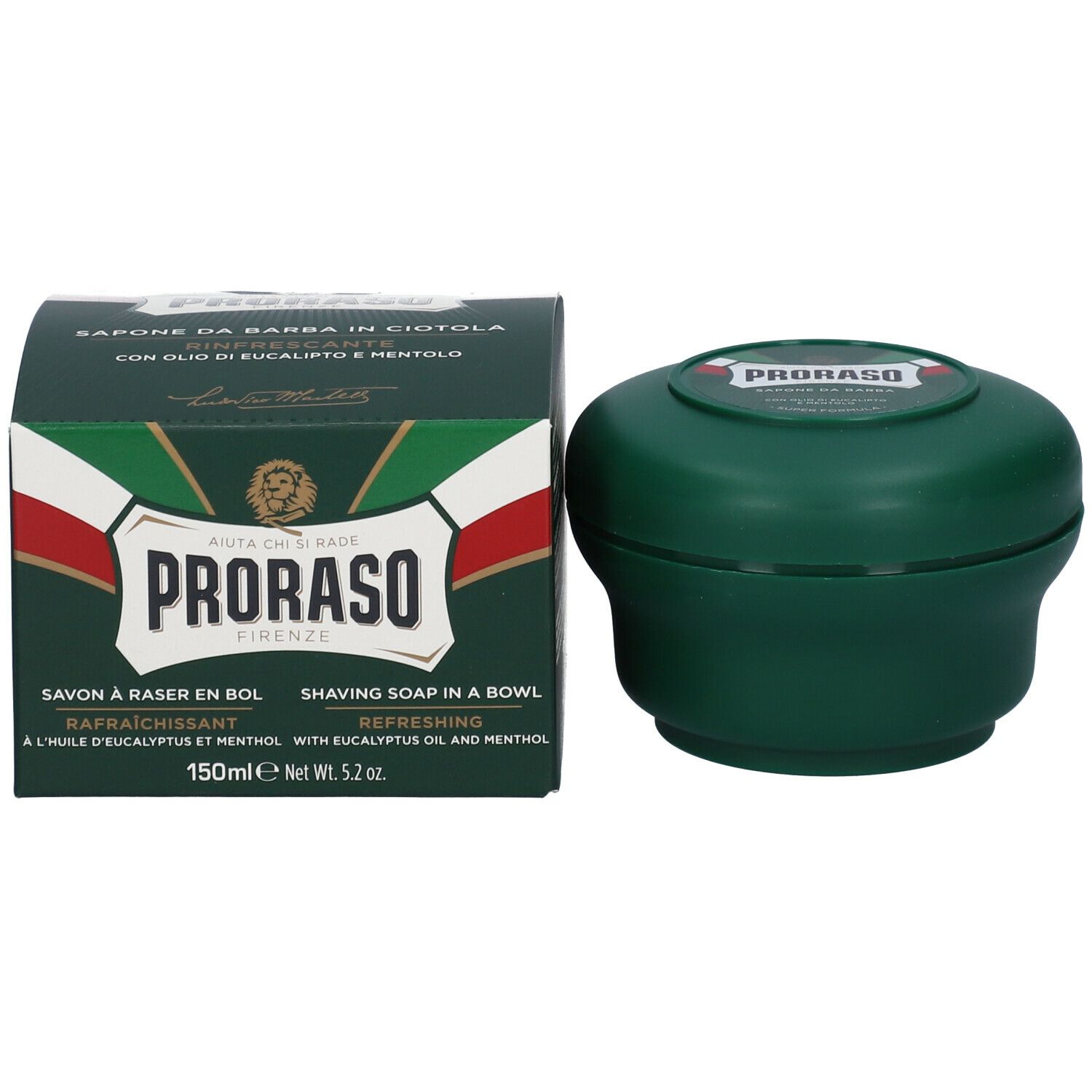 Savon à raser vert en récipient rond et emballage. Emballage avec logo PRORASO, texte et couleurs du drapeau italien.