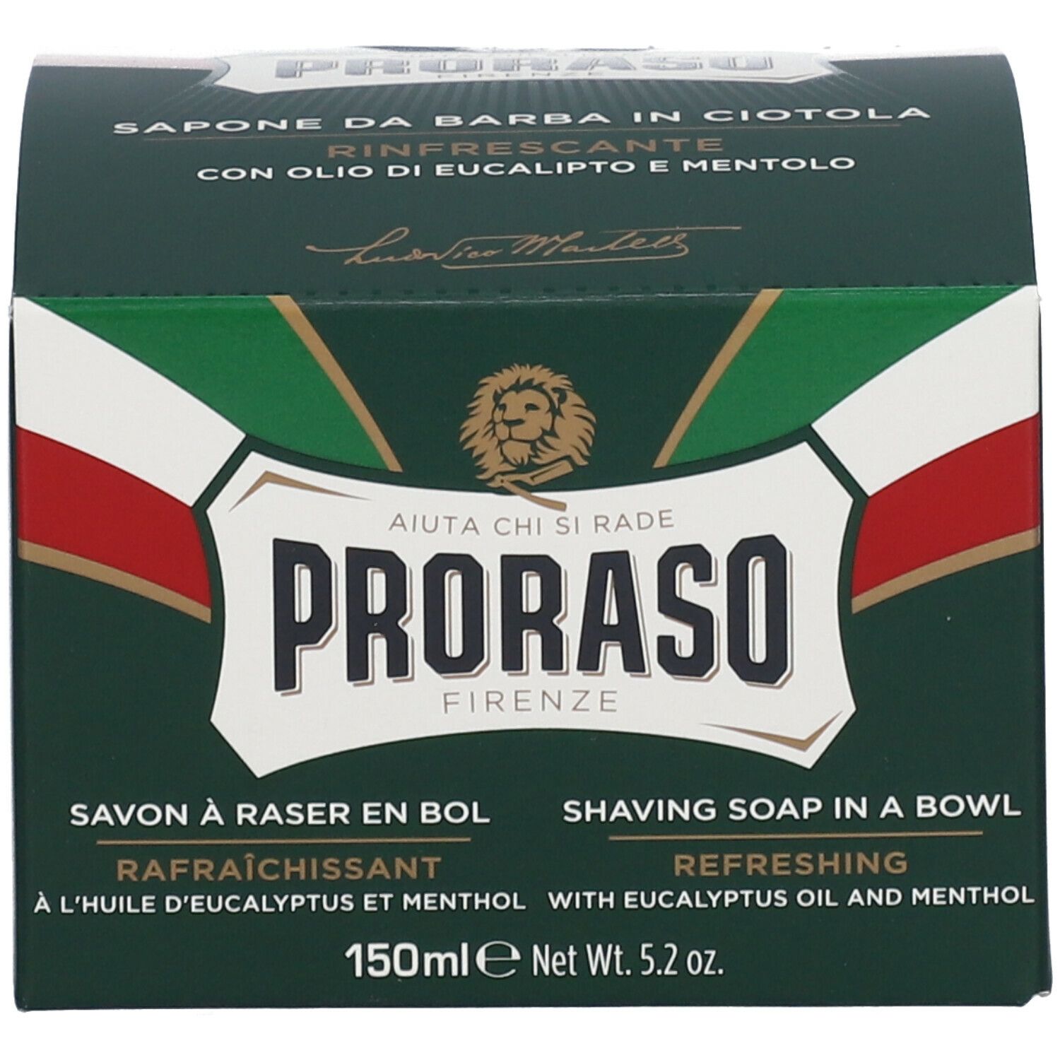 Emballage de savon à raser. Vert avec logo PRORASO, texte et couleurs du drapeau italien. Texte : 150 ml, Netto 5,2 oz.