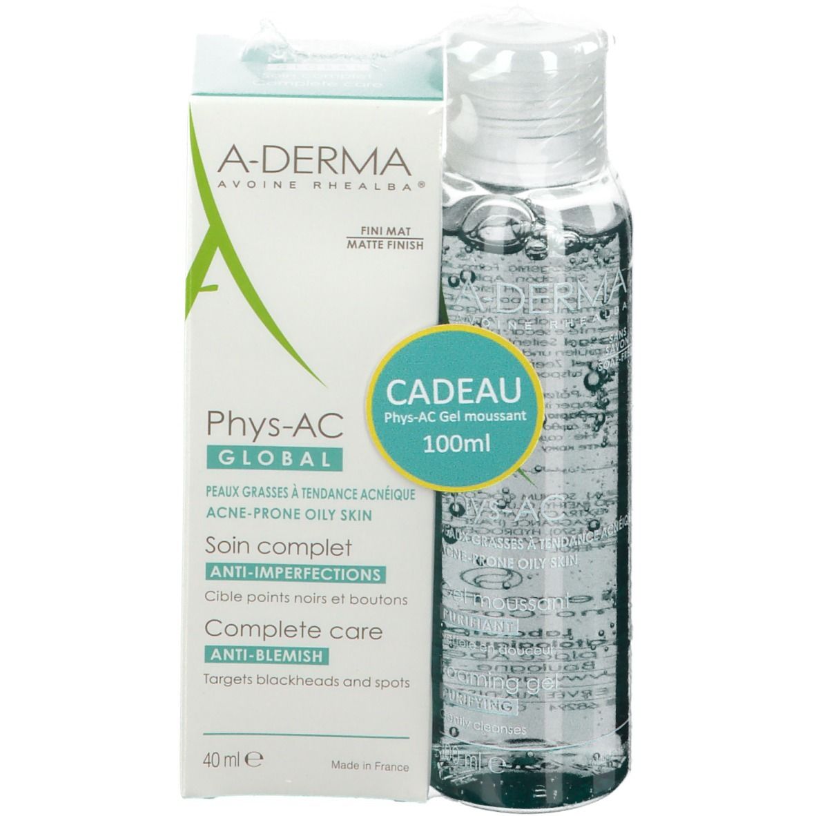 Verpakking en fles. Opschriften: A-DERMA Phys-AC Global, Anti-imperfecties, Anti-puistjes. Cadeau: Phys-AC Gel moussant.