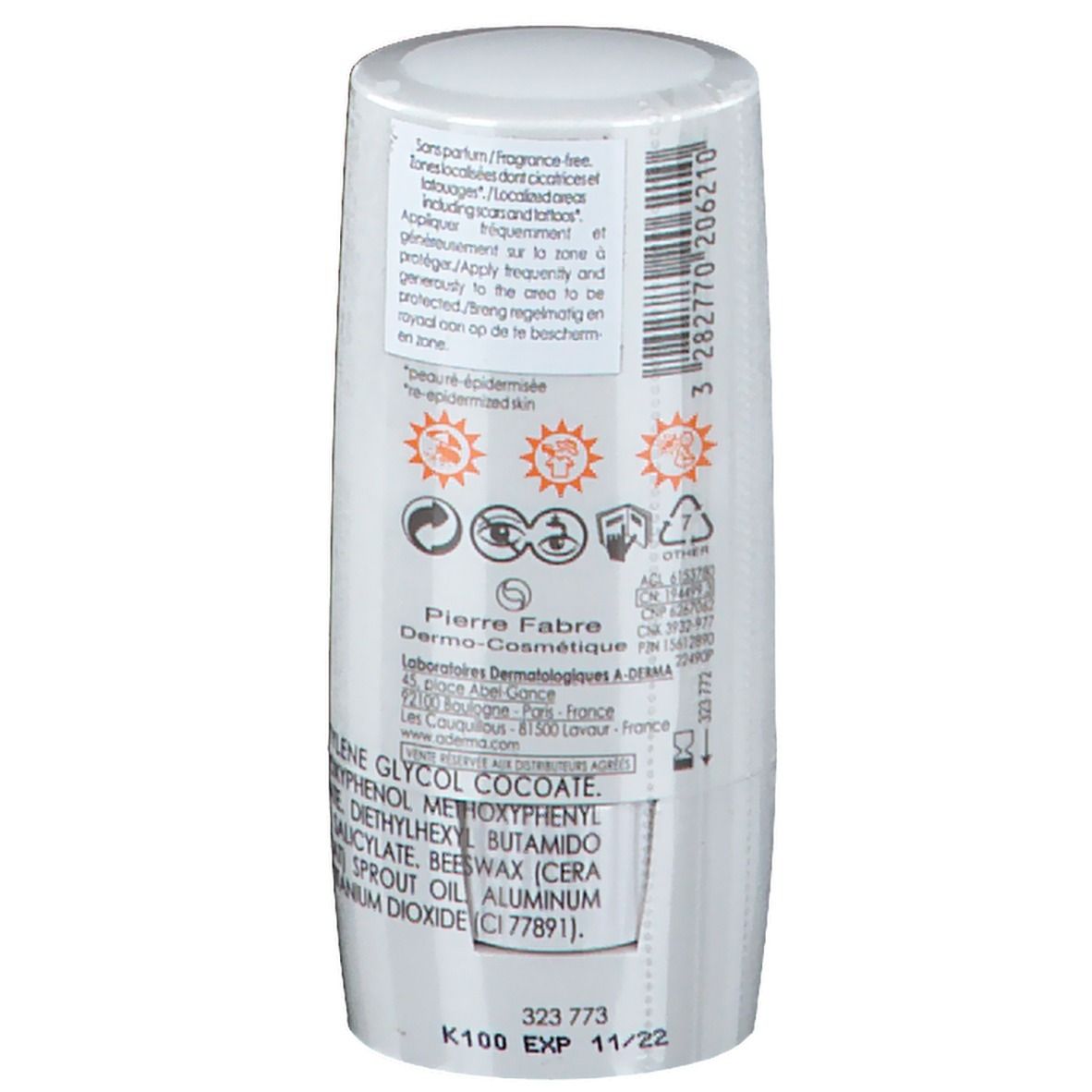 Witte stick A-DERMA. Achterkant met tekst en symbolen. Fabrikantinformatie. Houdbaarheidsdatum: EXP 11/22.