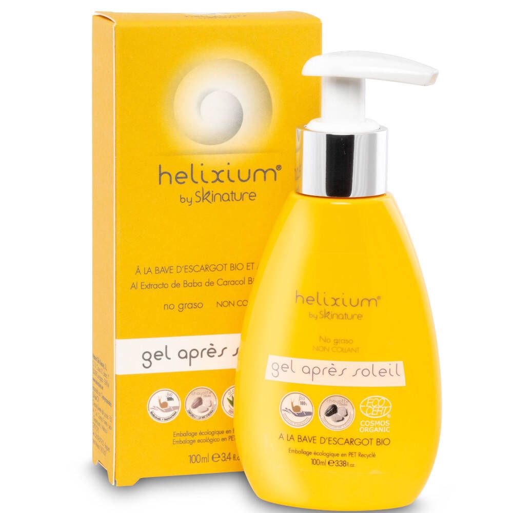 Gel Après Soleil mit Pumpe und Schachtel. Gelbe Flasche mit weißem Pumpkopf. Aufschrift helixium® und gel après soleil.