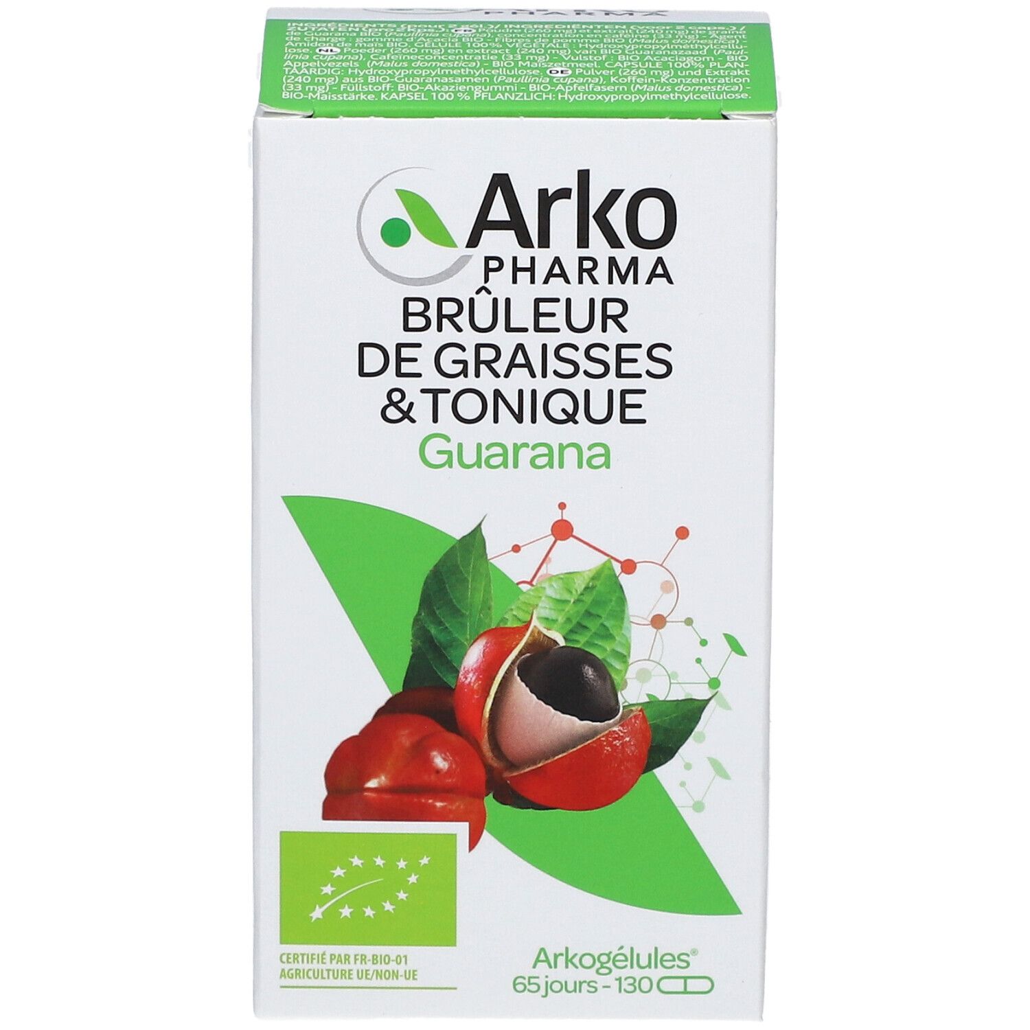 Boîte blanche Arkopharma. Inscription « Brûleur de graisses & Tonique » et illustration de guarana. Label bio.