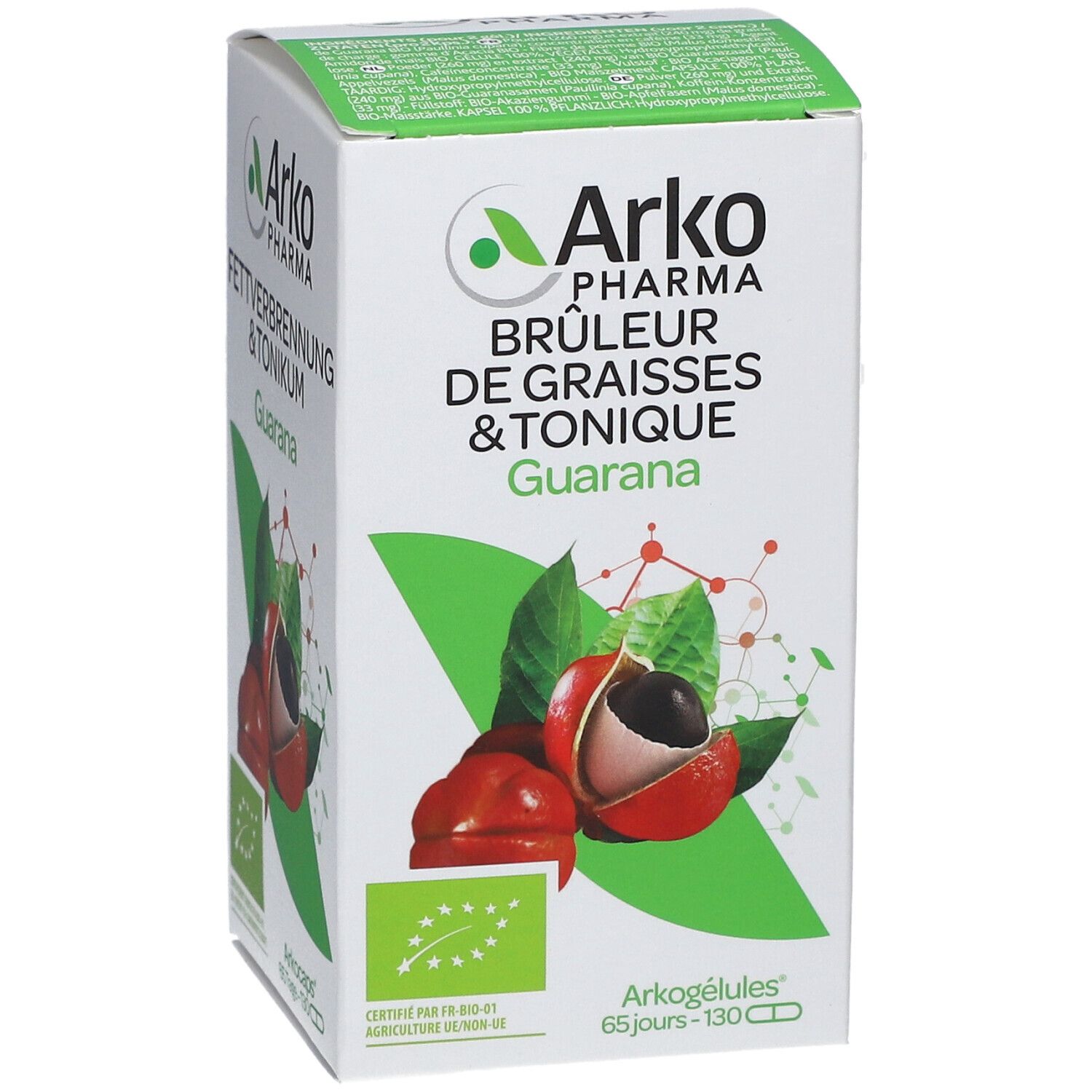 Boîte blanche Arkopharma. Inscription « Brûleur de graisses & Tonique » et illustration de guarana. Label bio.
