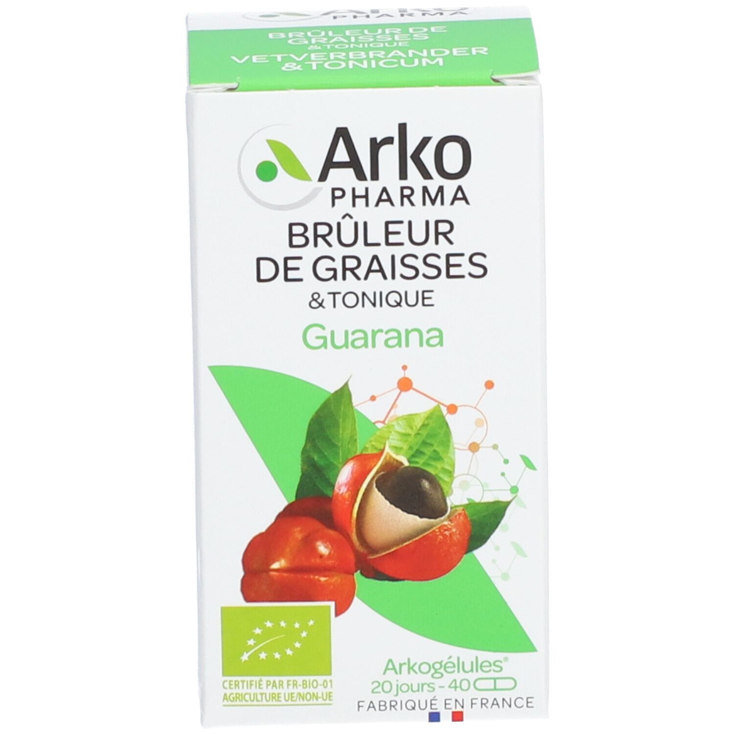 Emballage blanc du produit. Logo et nom du produit sur le devant. Vert et blanc.