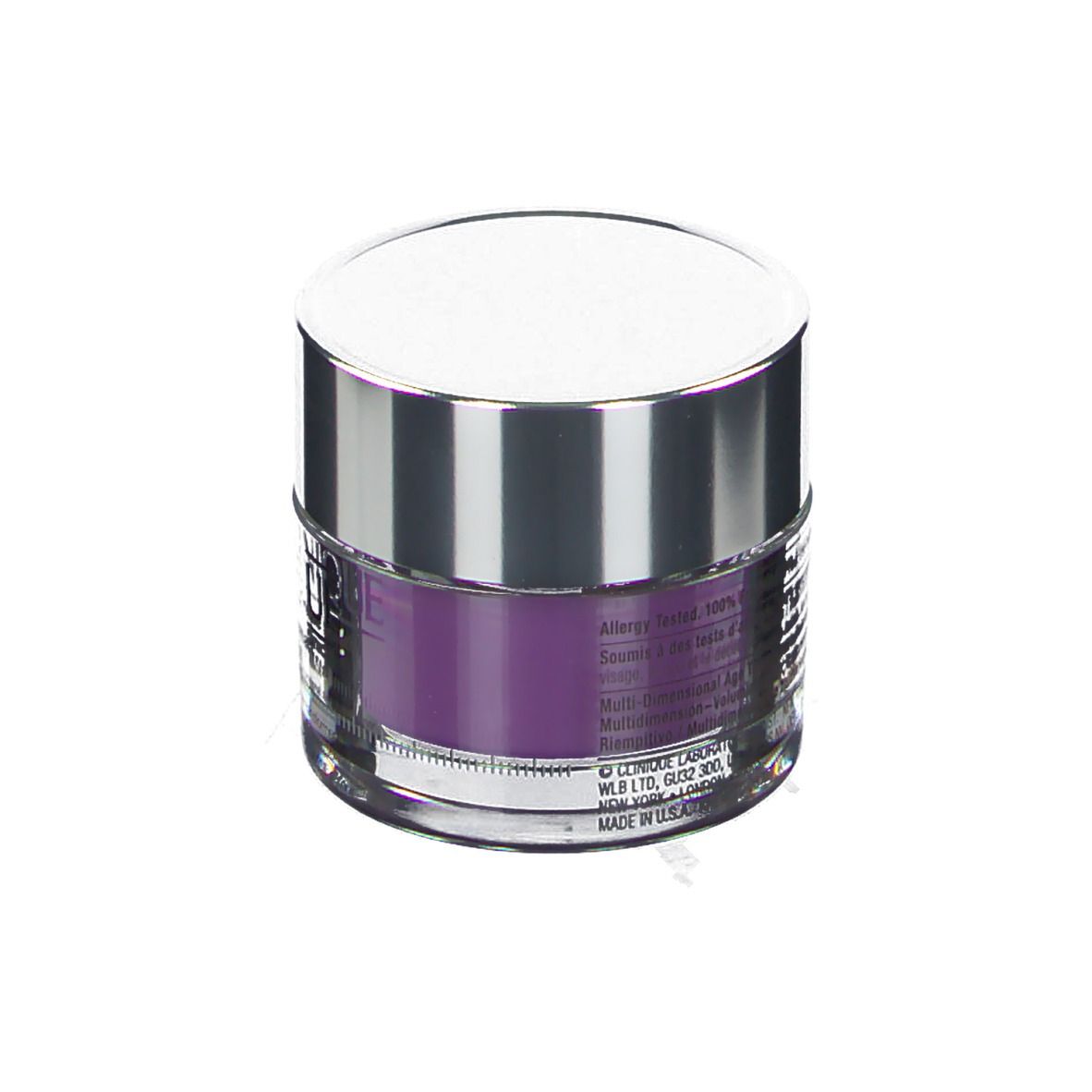 Cremebehälter mit silbernem Deckel und Verschluss. Auf dem violetten Glas steht CLINIQUE Smart Clinical.