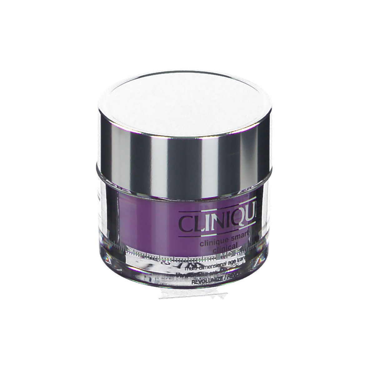 Cremebehälter mit silbernem Deckel und Verschluss. Auf dem violetten Glas steht CLINIQUE Smart Clinical.