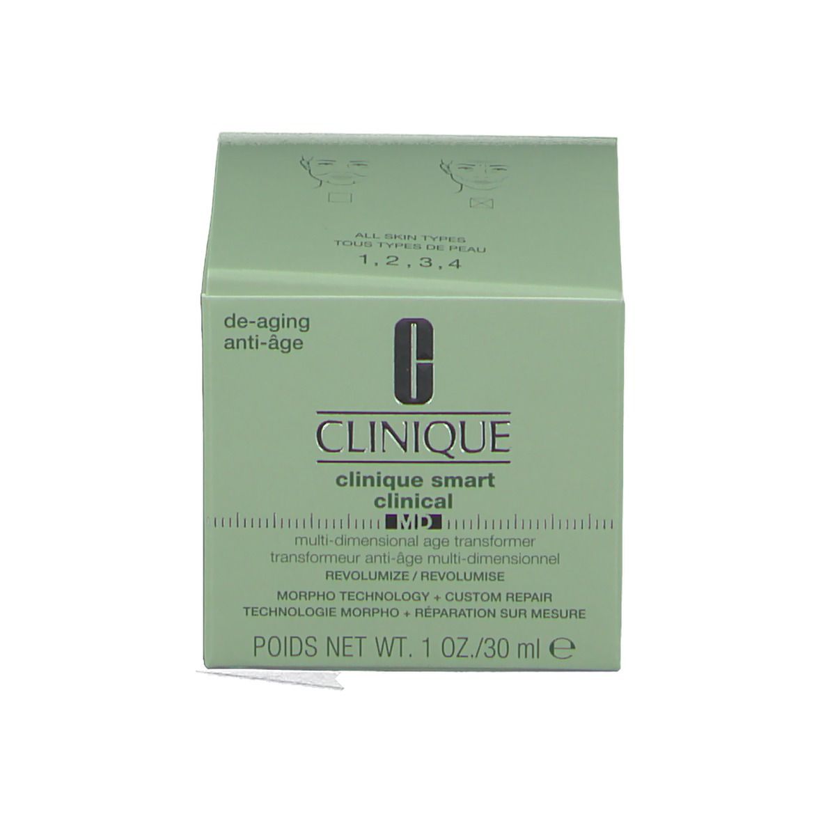 Grüne Schachtel mit CLINIQUE Smart Clinical. Text: de-aging anti-âge, 1 oz/30 ml.