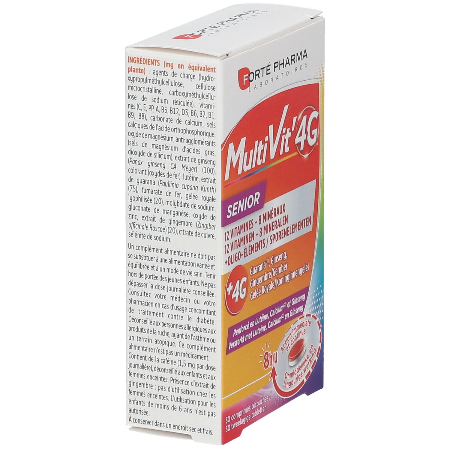 Doos 'MultiVit' 4G Senior' met ingrediënten. Bevat 12 vitaminen, 8 mineralen en sporenelementen. Met +4G-complex.