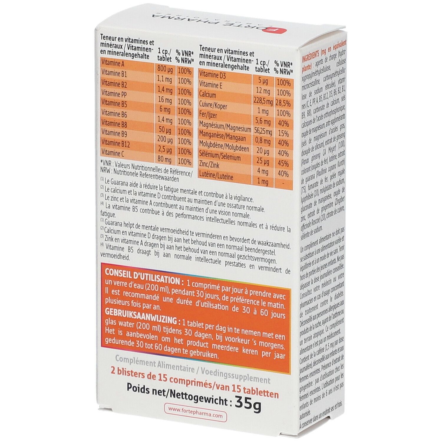 Achterkant doos 'MultiVit' 4G Senior' met voedingswaarde. Bevat 35g. Dosering: 1 tablet per dag.