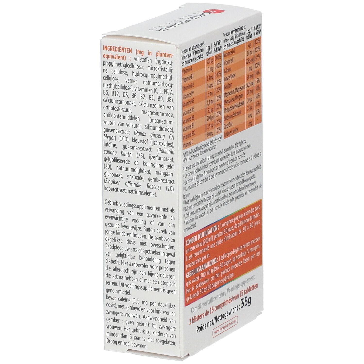 Achterkant doos 'MultiVit' 4G Senior' met ingrediënten en dosering. Bevat 35g. Dosering: 1 tablet per dag.