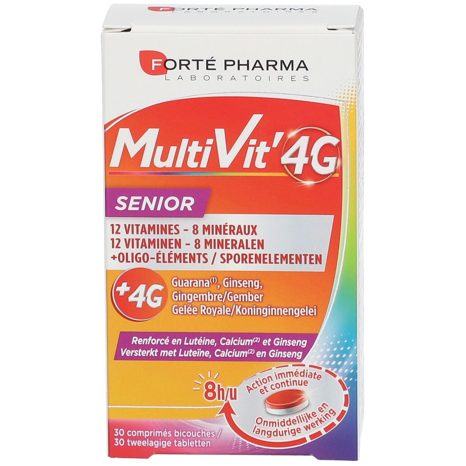 Doos 'MultiVit' 4G Senior'. Bevat 12 vitaminen, 8 mineralen en sporenelementen. Met +4G-complex. 30 tabletten.